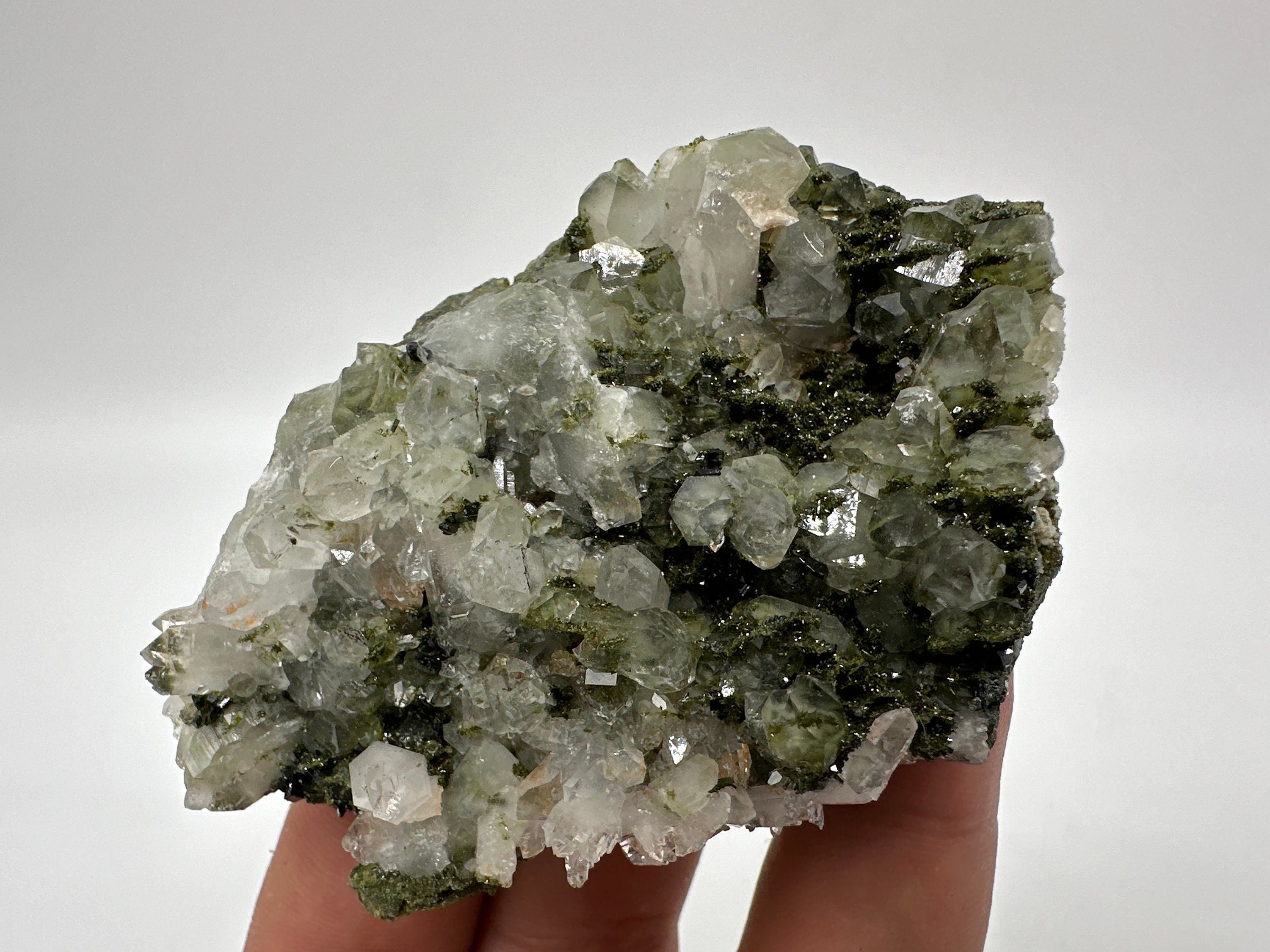 Rare Green Epidote with Quartz Crystals, Rainbow Sparkle, Turkey Mineral Specimen