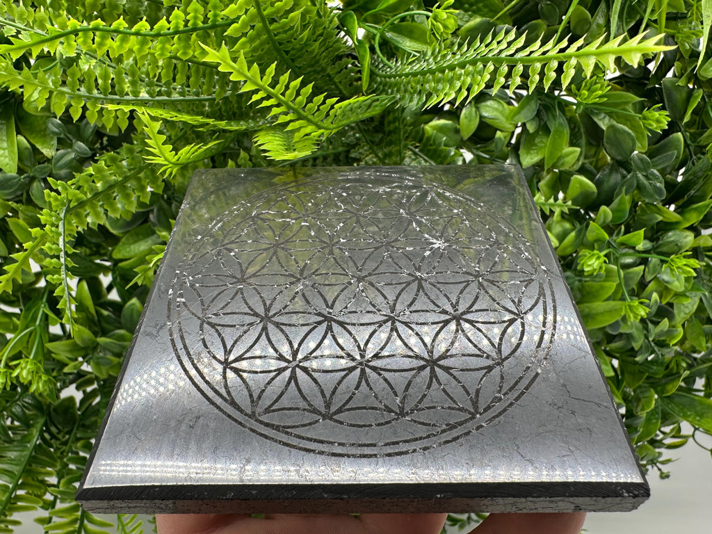 Shungite Plate, Flower of Life, Polished Stone from Russia