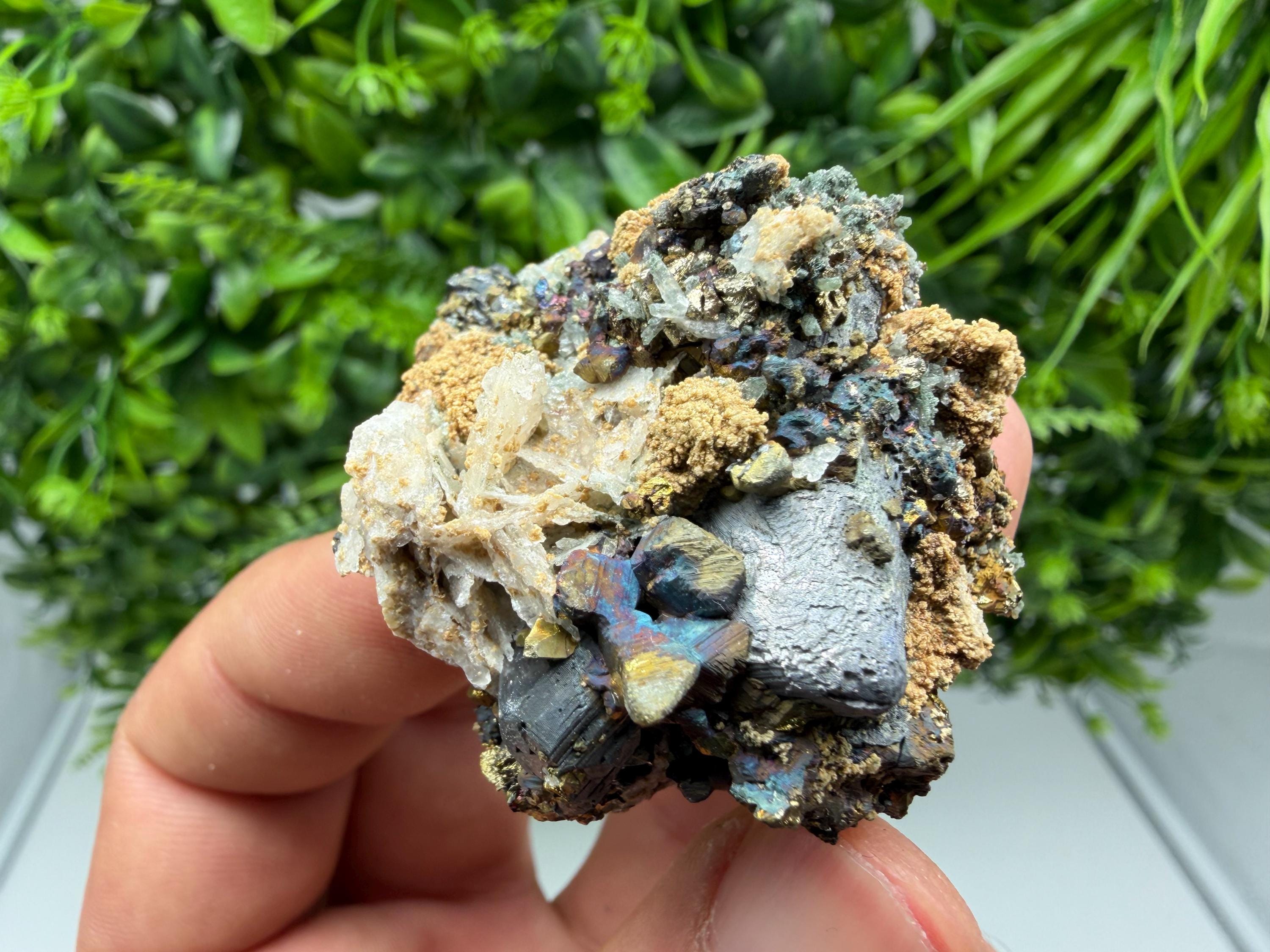 Rainbow Pyrite on Sphalerite with Quartz and Siderite, Collection Specimen