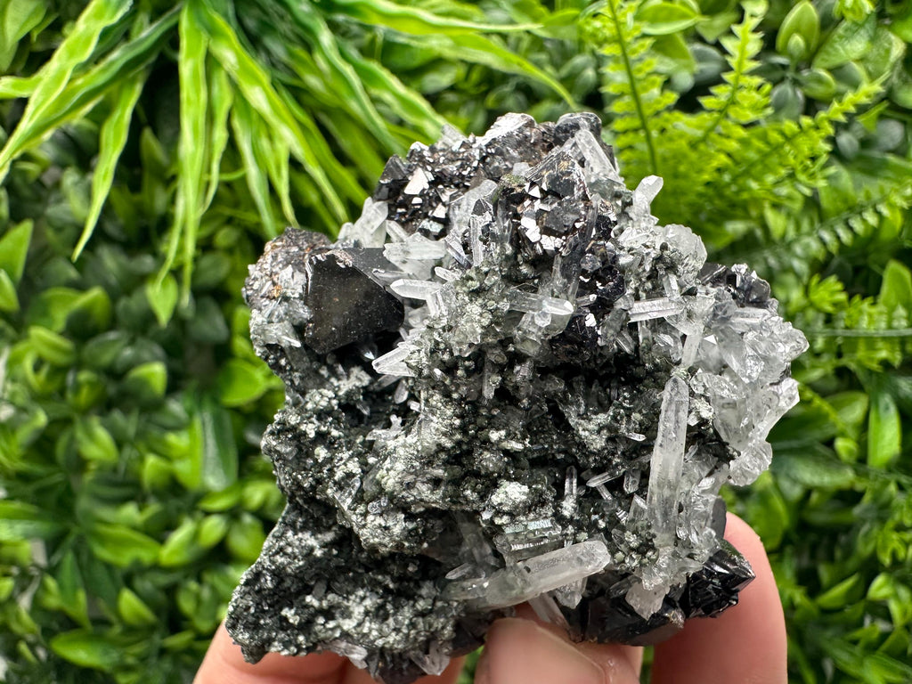 Black Sphalerite with Quartz Cluster, Natural Mineral Specimen