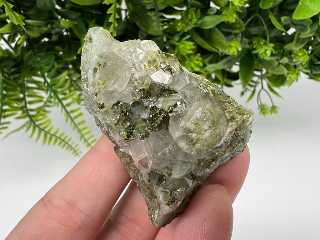 Rare Green Epidote with Quartz Crystals - Rainbow Sparkle Stone, Turkey