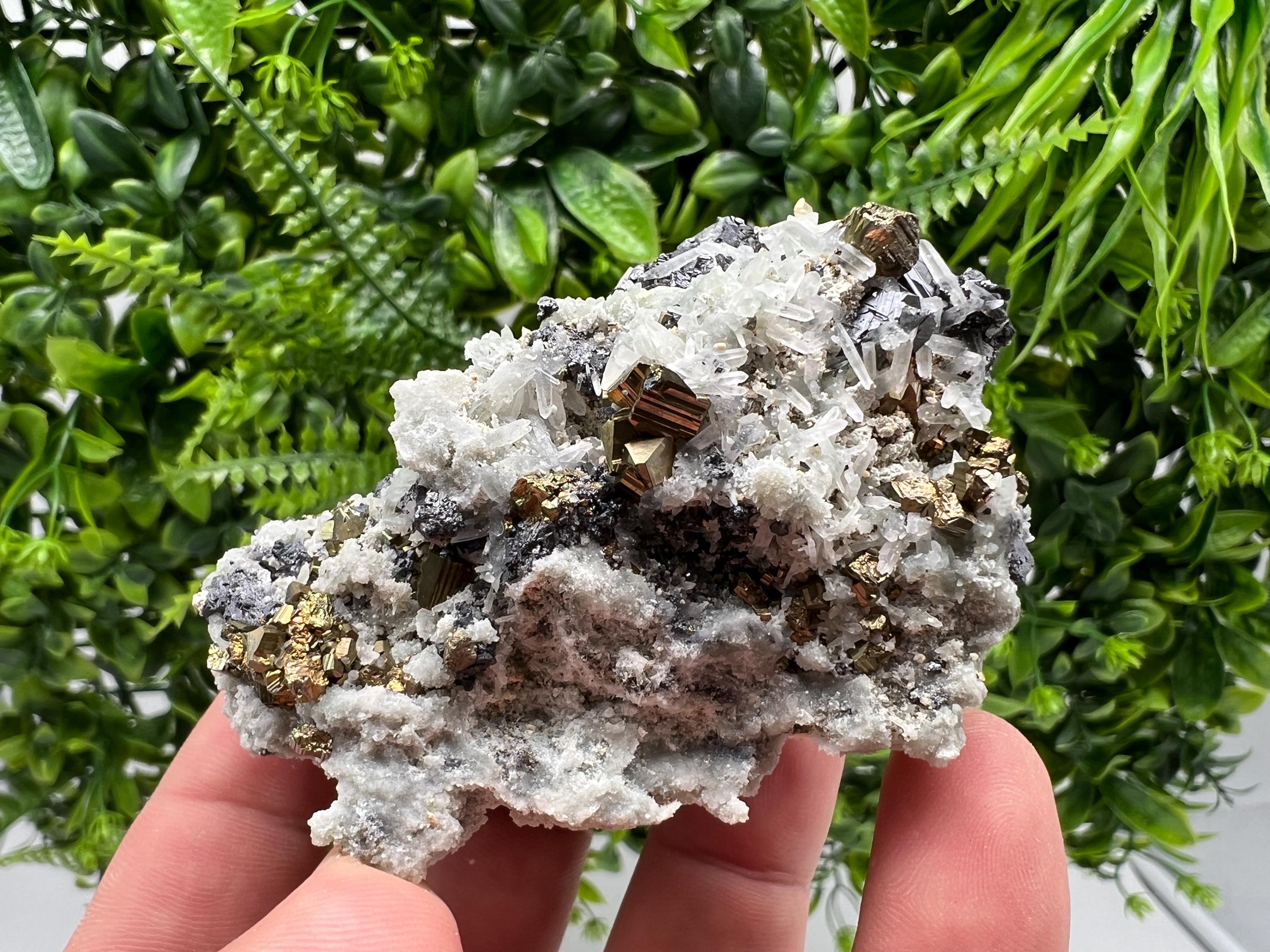 Wonderful Rainbow Pyrite,Sphalerite on Quartz from 9 th September mine,Madan,Bulgaria natural,collectibles mineral specimen,home decor stone