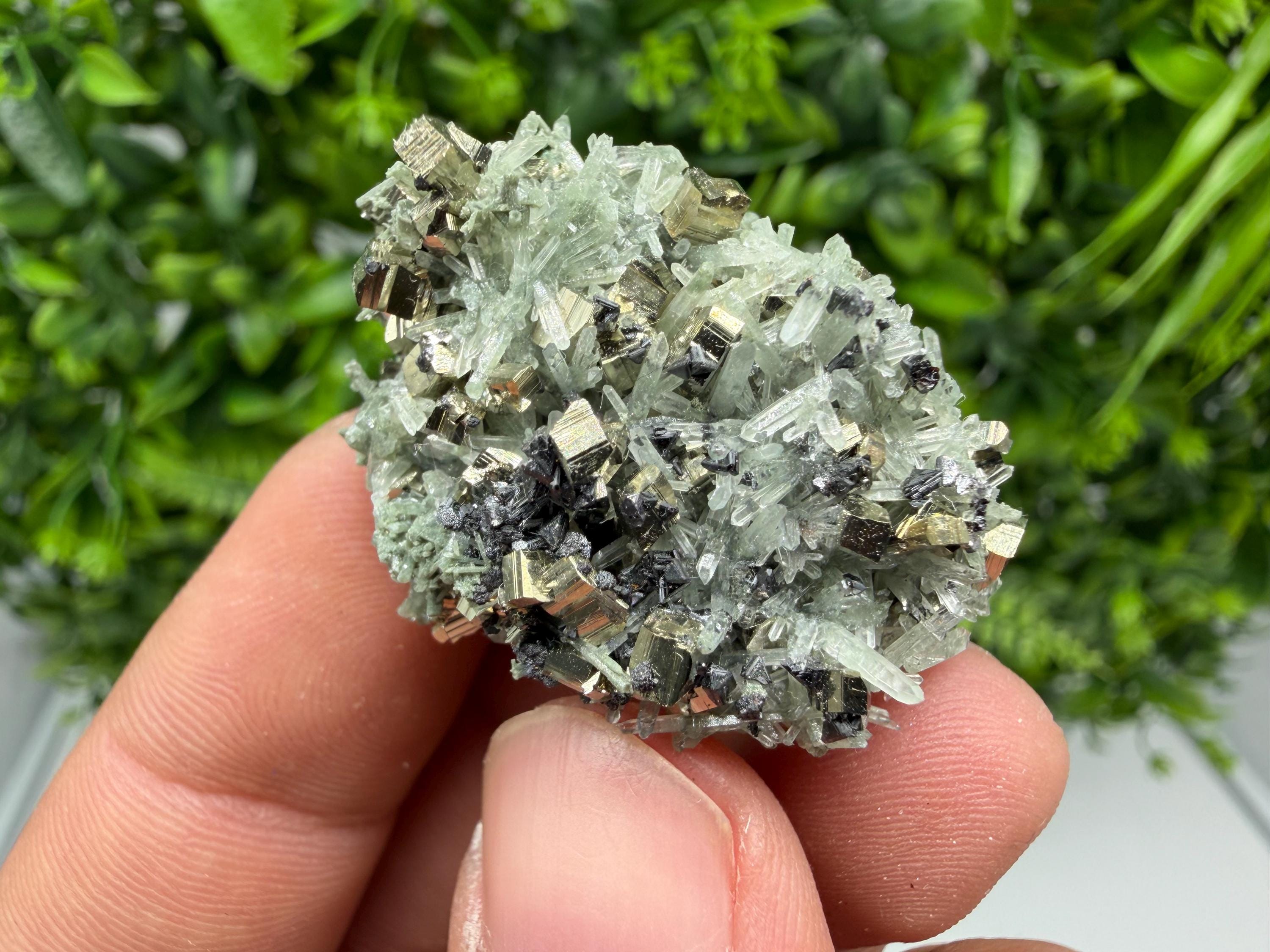 Pyrite on Green Quartz Mineral Specimen, Borieva Mine, Bulgaria