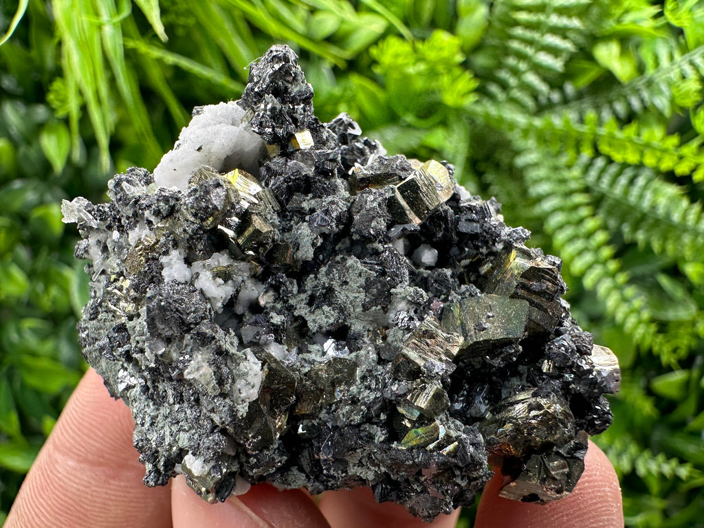 Rainbow Pyrite on Sphalerite and Quartz from Borieva Mine, Bulgaria