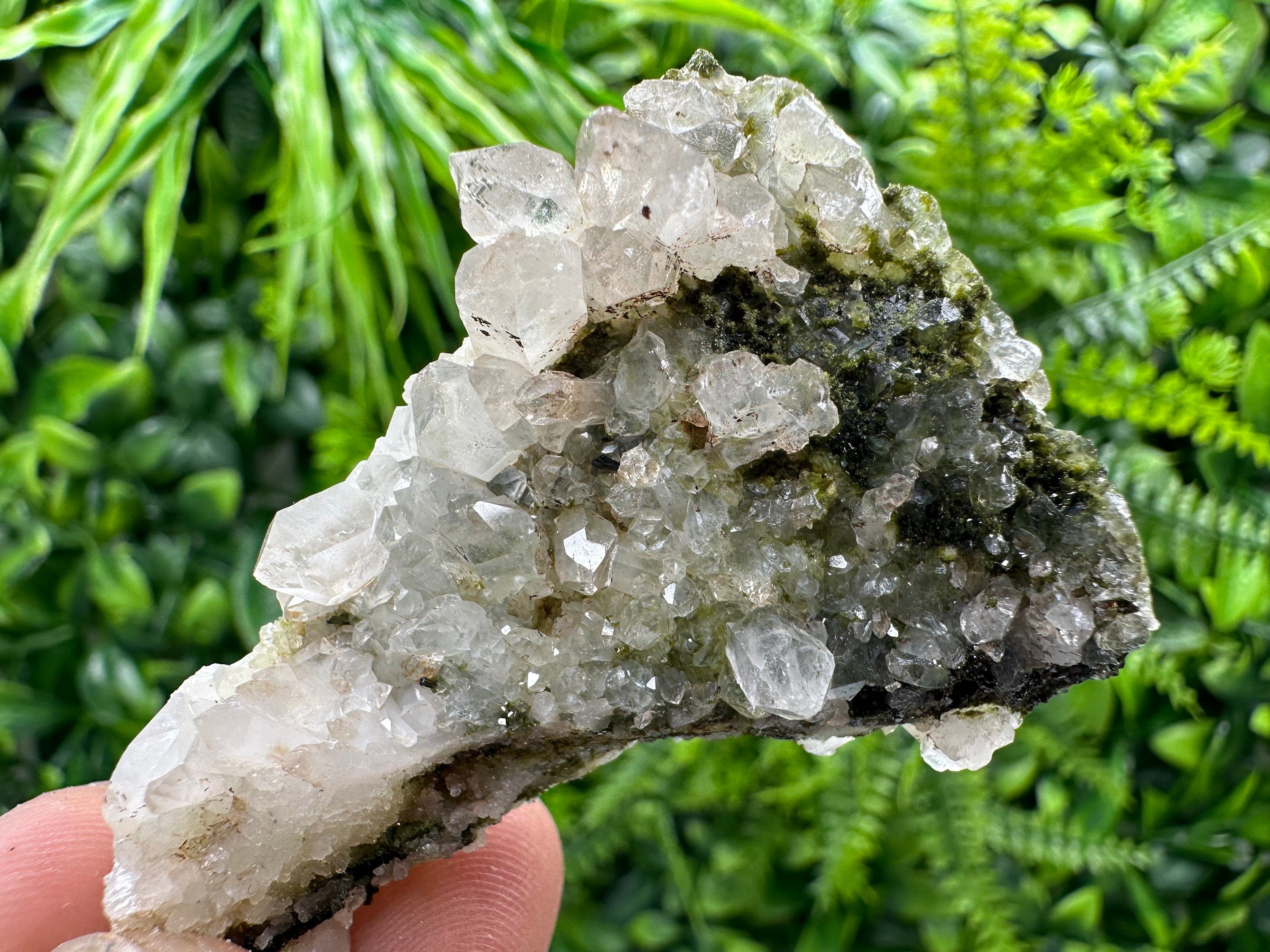 Rare Green Epidote with Quartz Crystals: Sparkly Rainbow Stone Decor