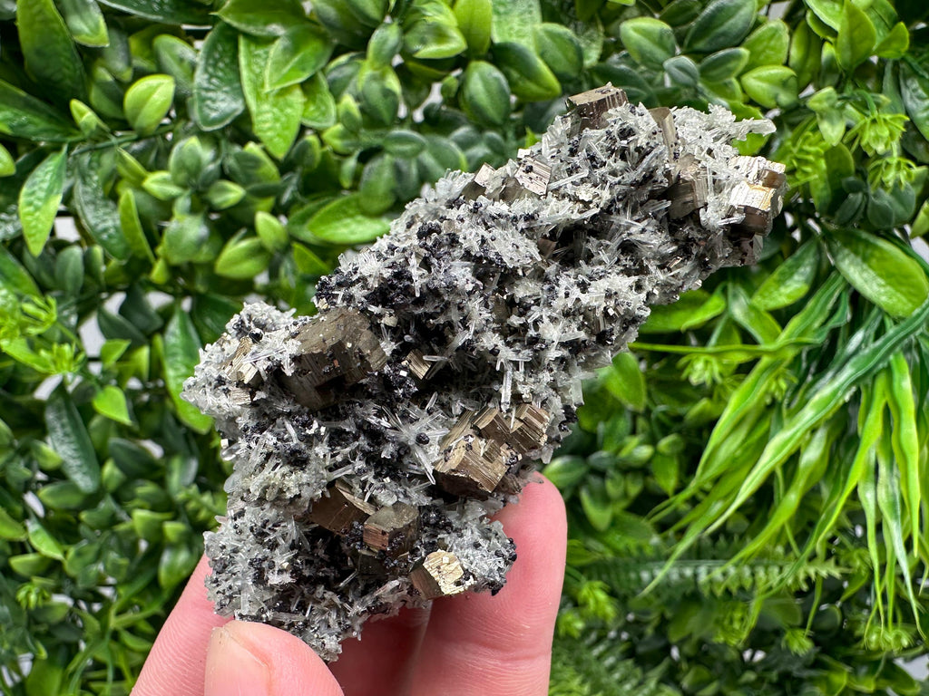 Pyrite on Needle Quartz Mineral Specimen, Borieva Mine, Bulgaria