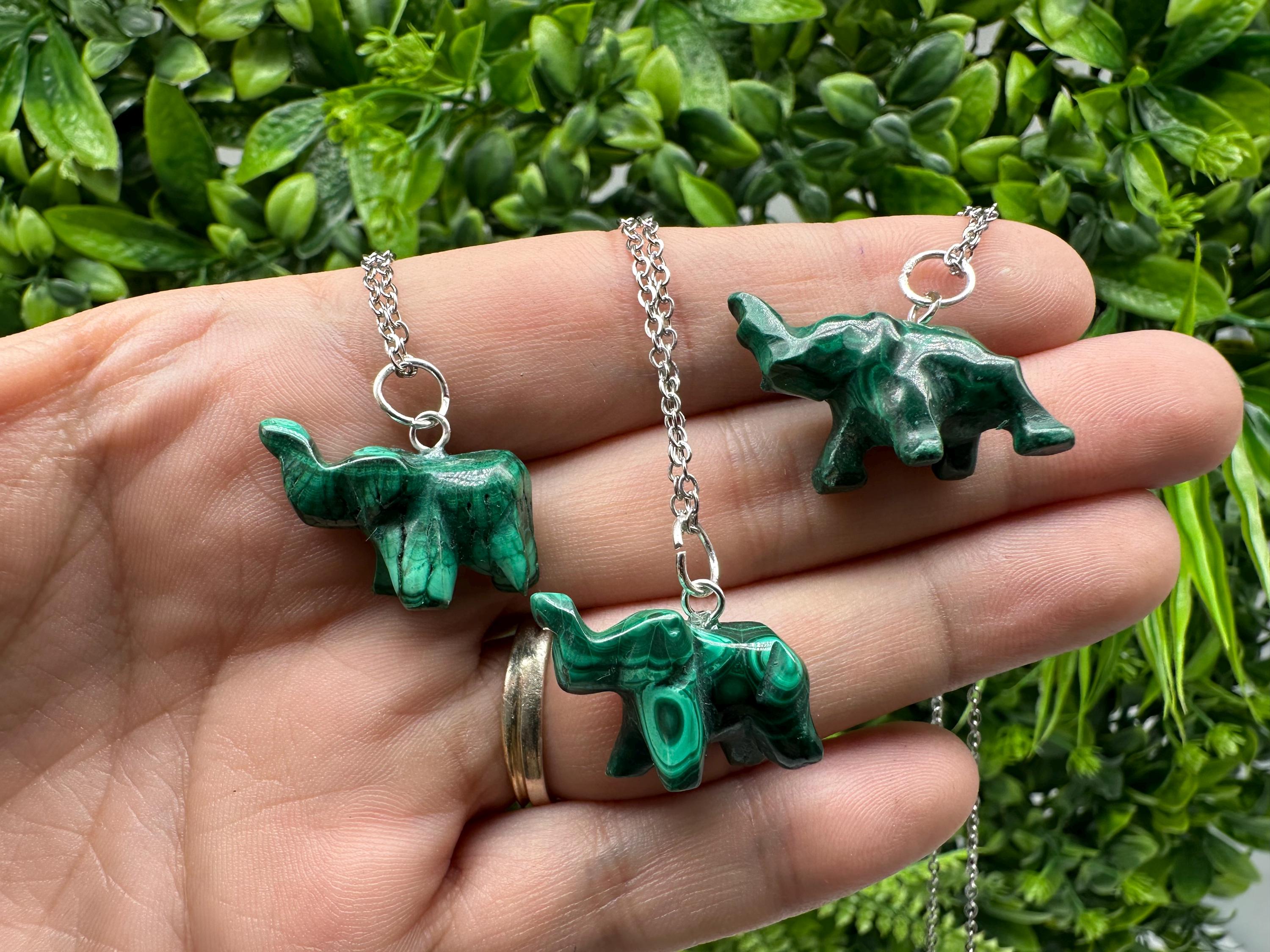 Malachite Elephant Figurine: Natural Stone Pendant, Vintage Home Decor