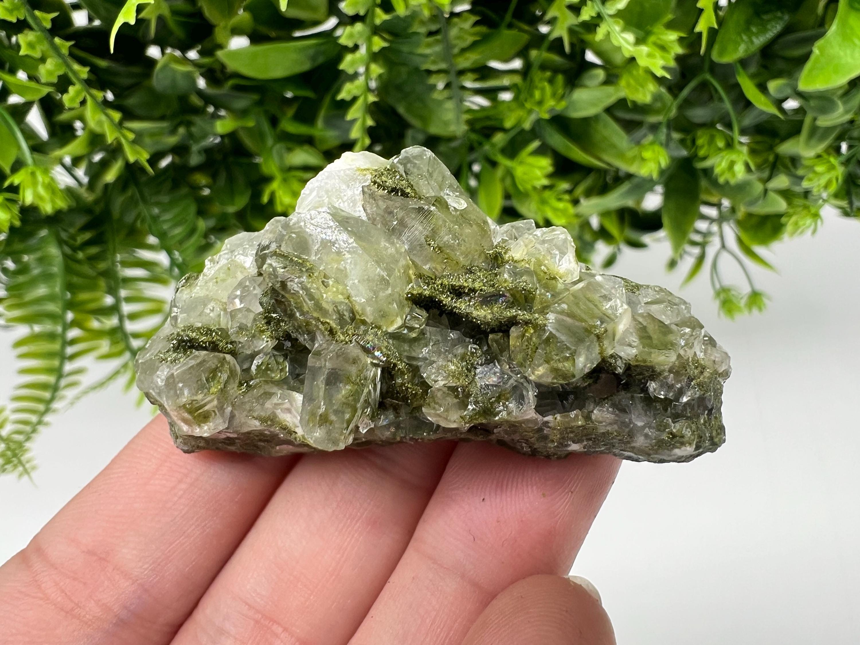 Green Epidote with Quartz Crystals: Sparkly Rainbow Stone, Turkey