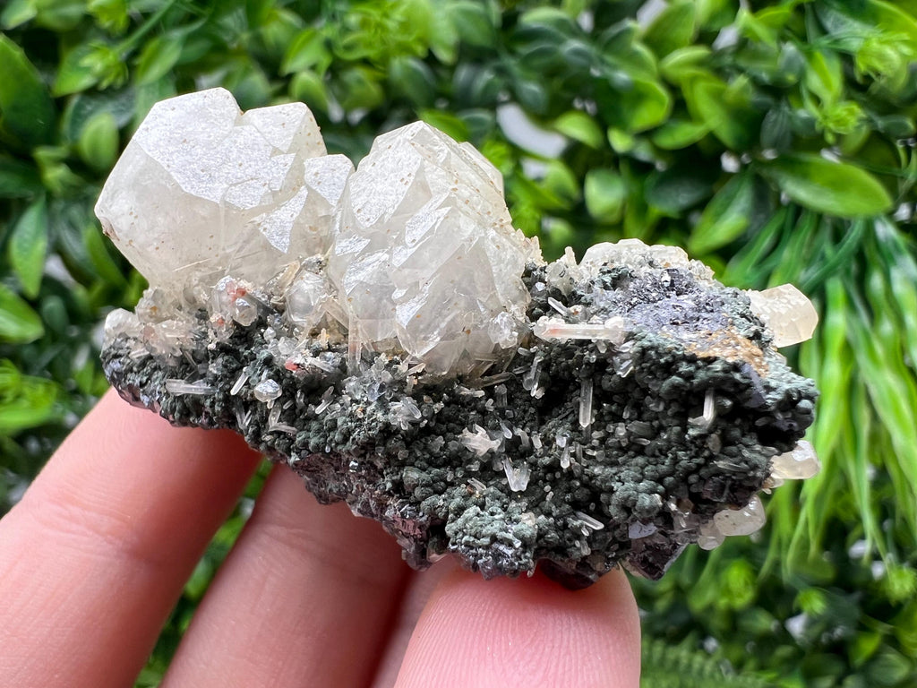 Calcite on Green Quartz Crystal - Borieva Mine, Bulgaria