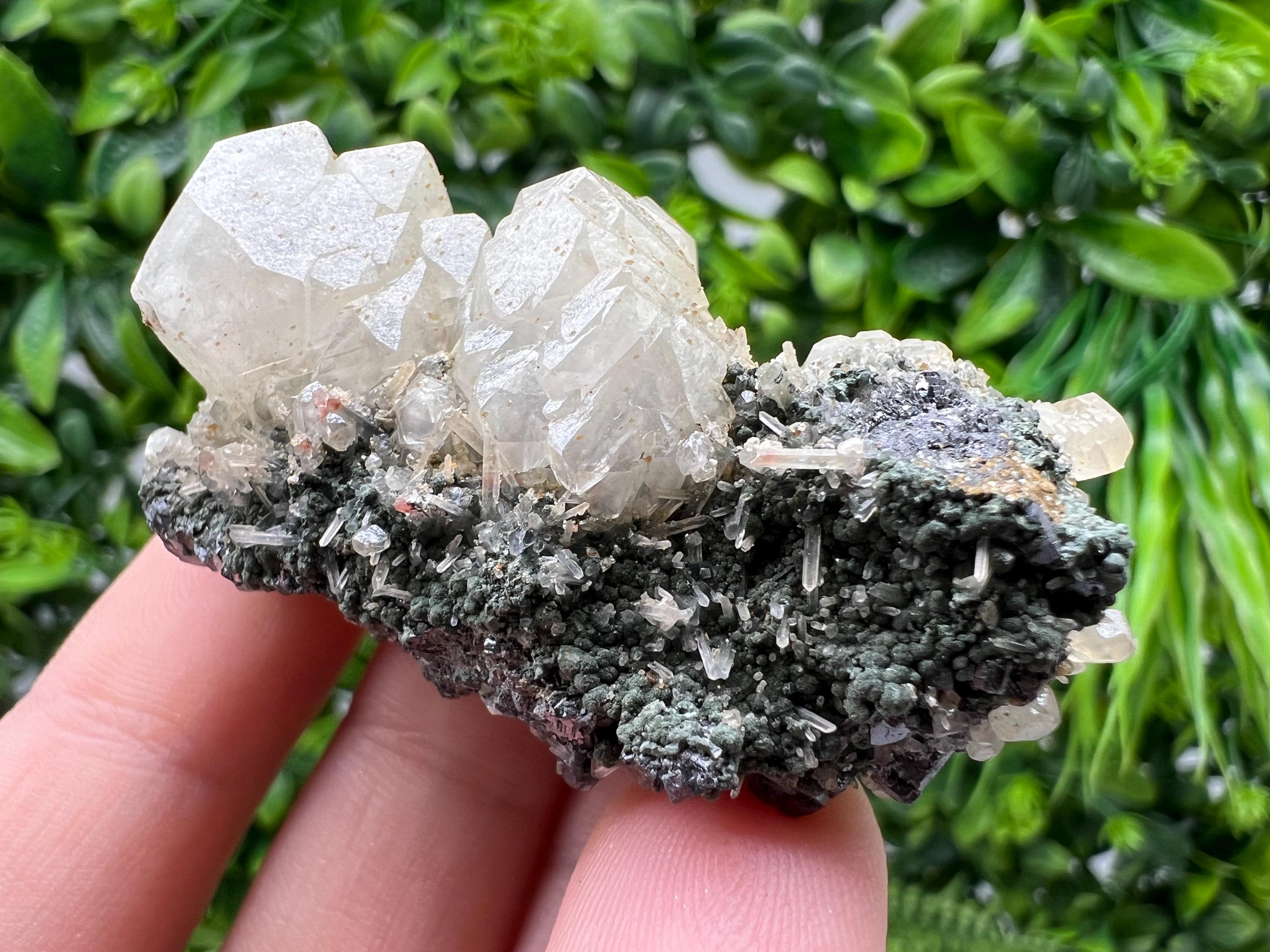 Calcite on Green Quartz Crystal - Borieva Mine, Bulgaria