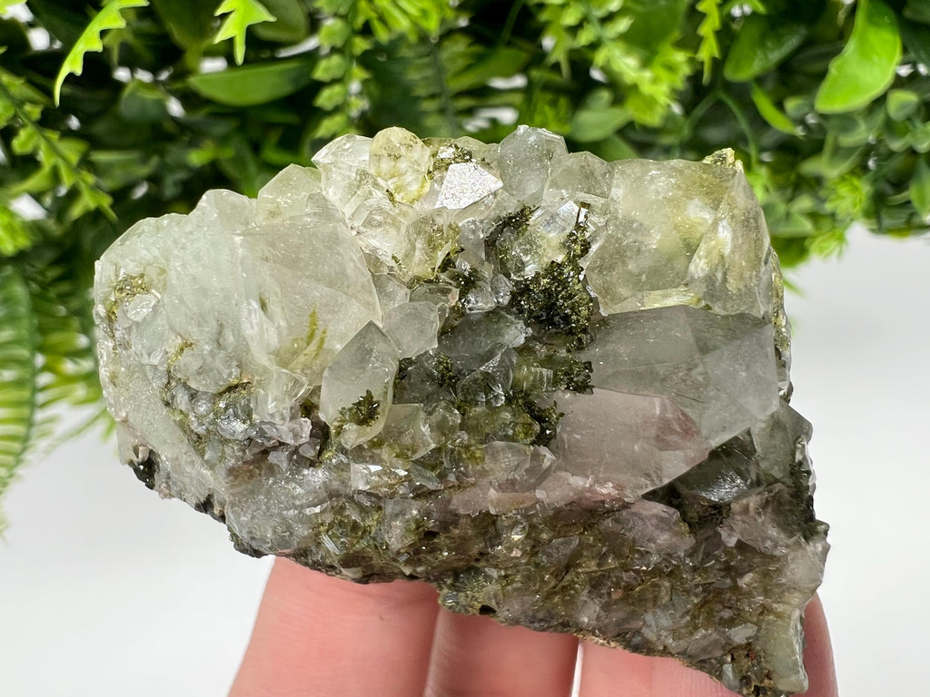 Rare Green Epidote with Quartz Crystals - Rainbow Sparkle Stone, Turkey