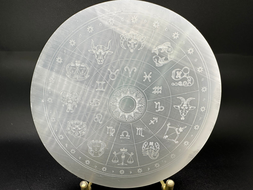 Natural Selenite Zodiac Disc: Engraved Crystal Healing Decor (10/10cm)