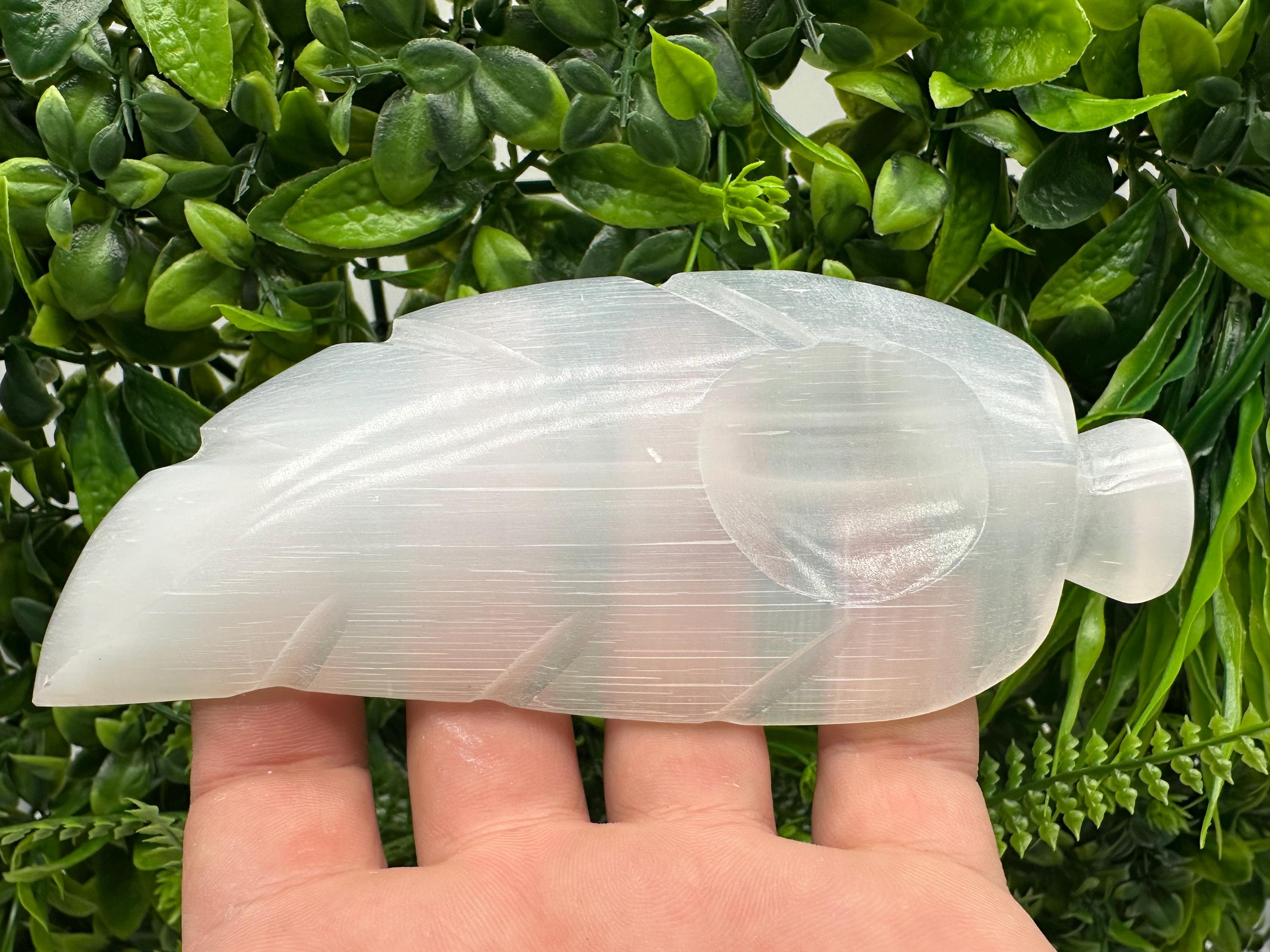 Hand Carved Selenite Leaf Jewelry Holder: Reiki Healing Crystal