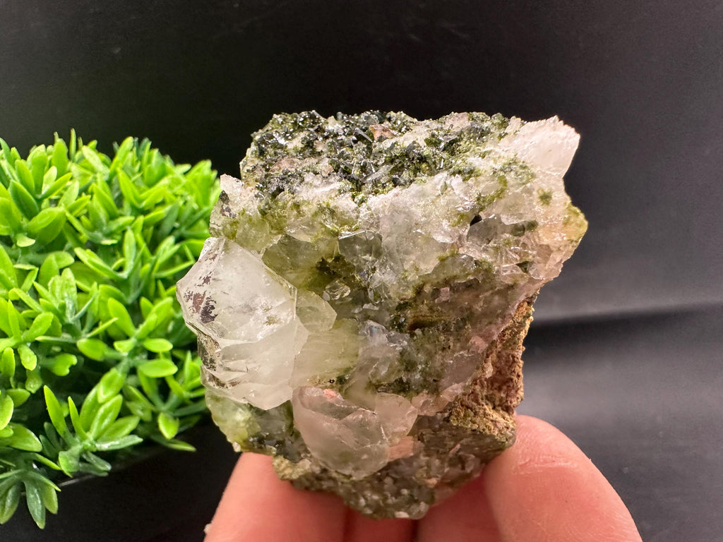 Rare Green Epidote with Quartz Crystals: Sparkly Rainbow Mineral Decor