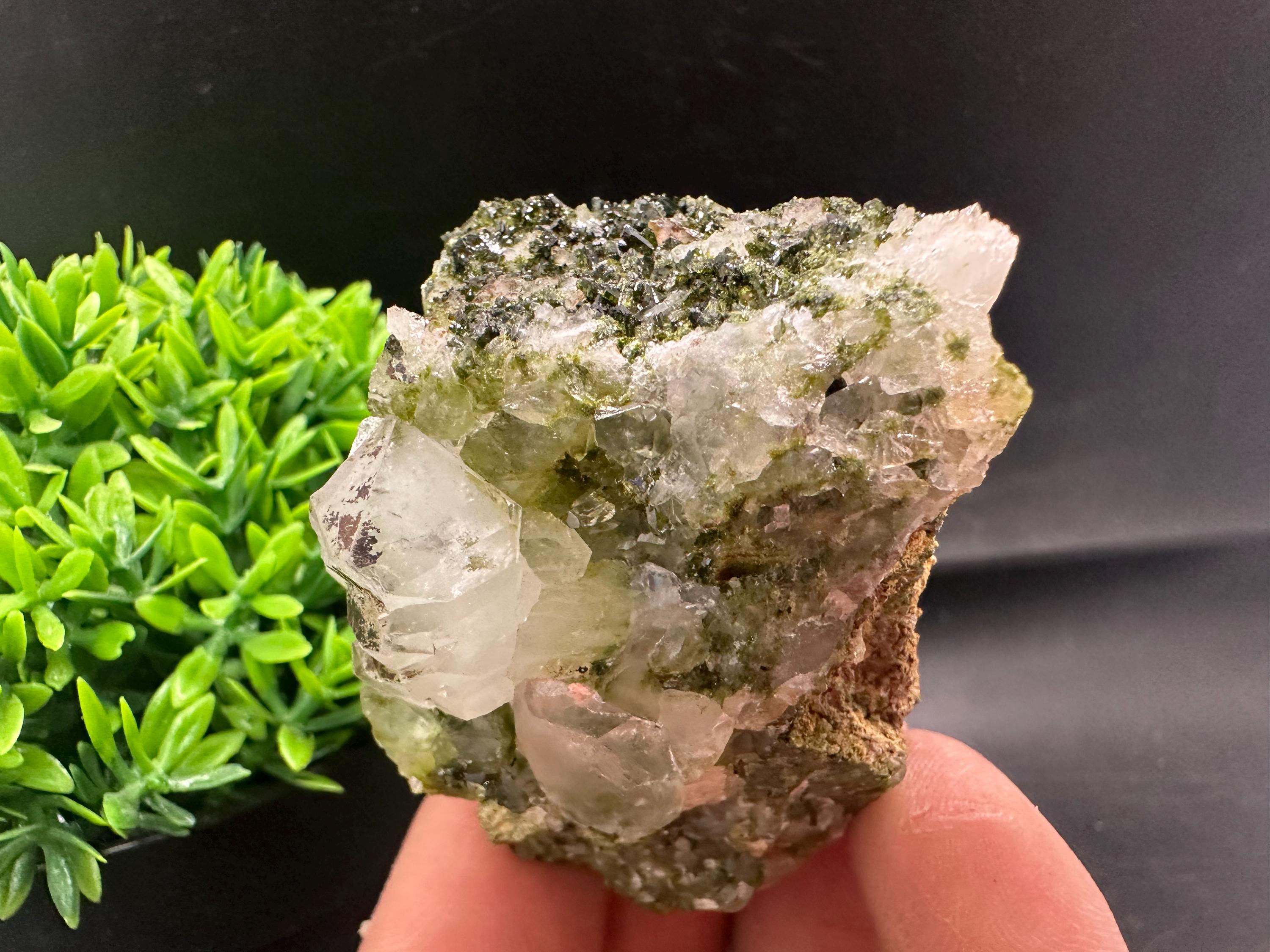 Rare Green Epidote with Quartz Crystals: Sparkly Rainbow Mineral Decor