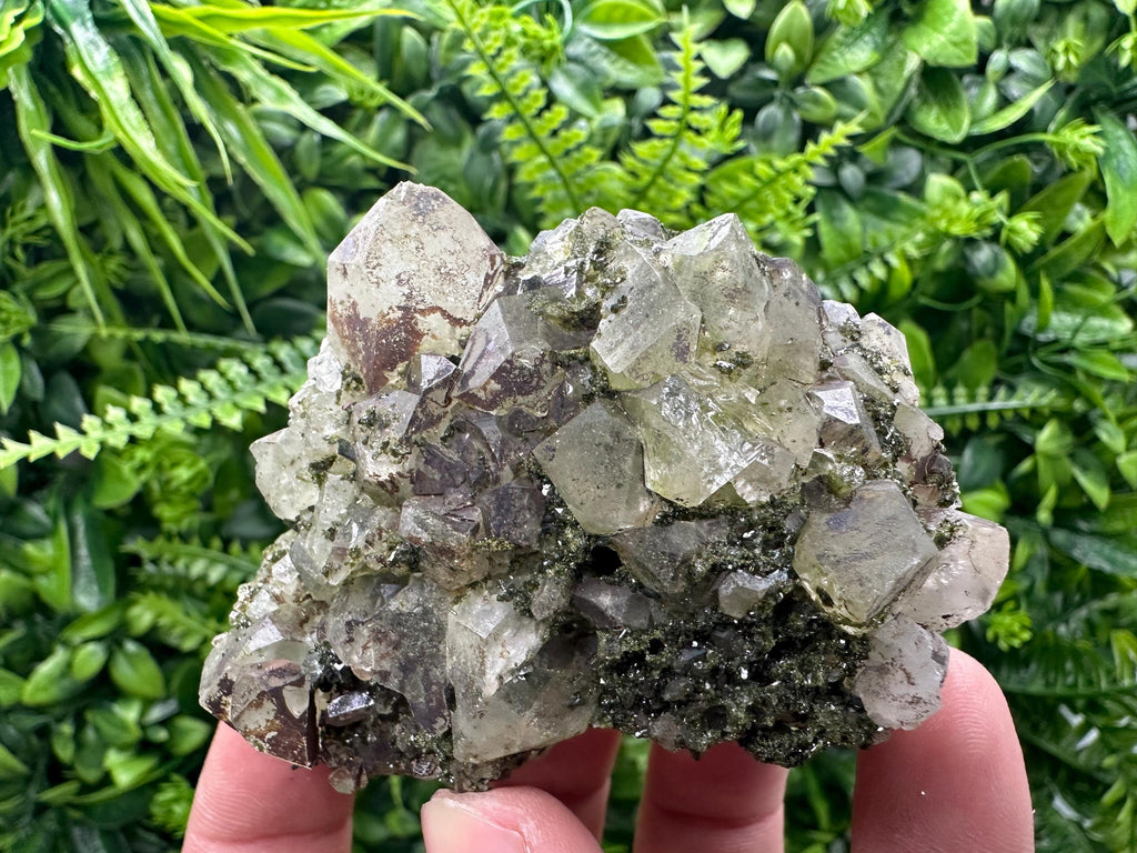 Rare Green Epidote with Quartz Crystals: Sparkly Rainbow Mineral Decor