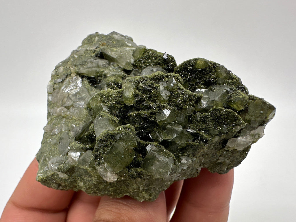 Rare Green Epidote with Quartz Crystals: Sparkly Rainbow Mineral Decor