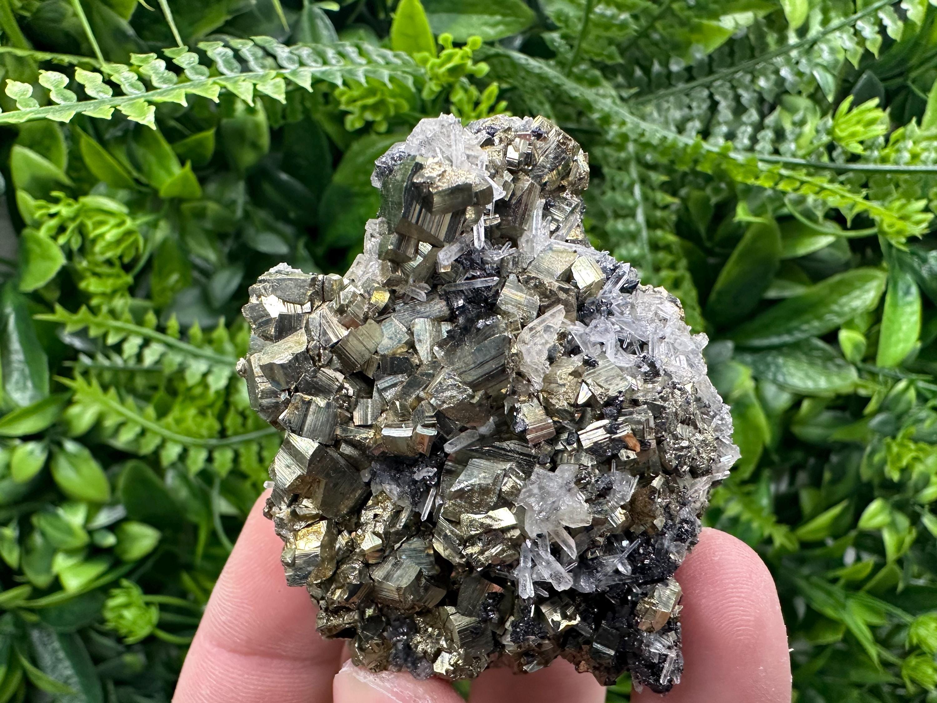 Rainbow Pyrite Cluster on Sphalerite Quartz, Bulgaria Mineral Specimen