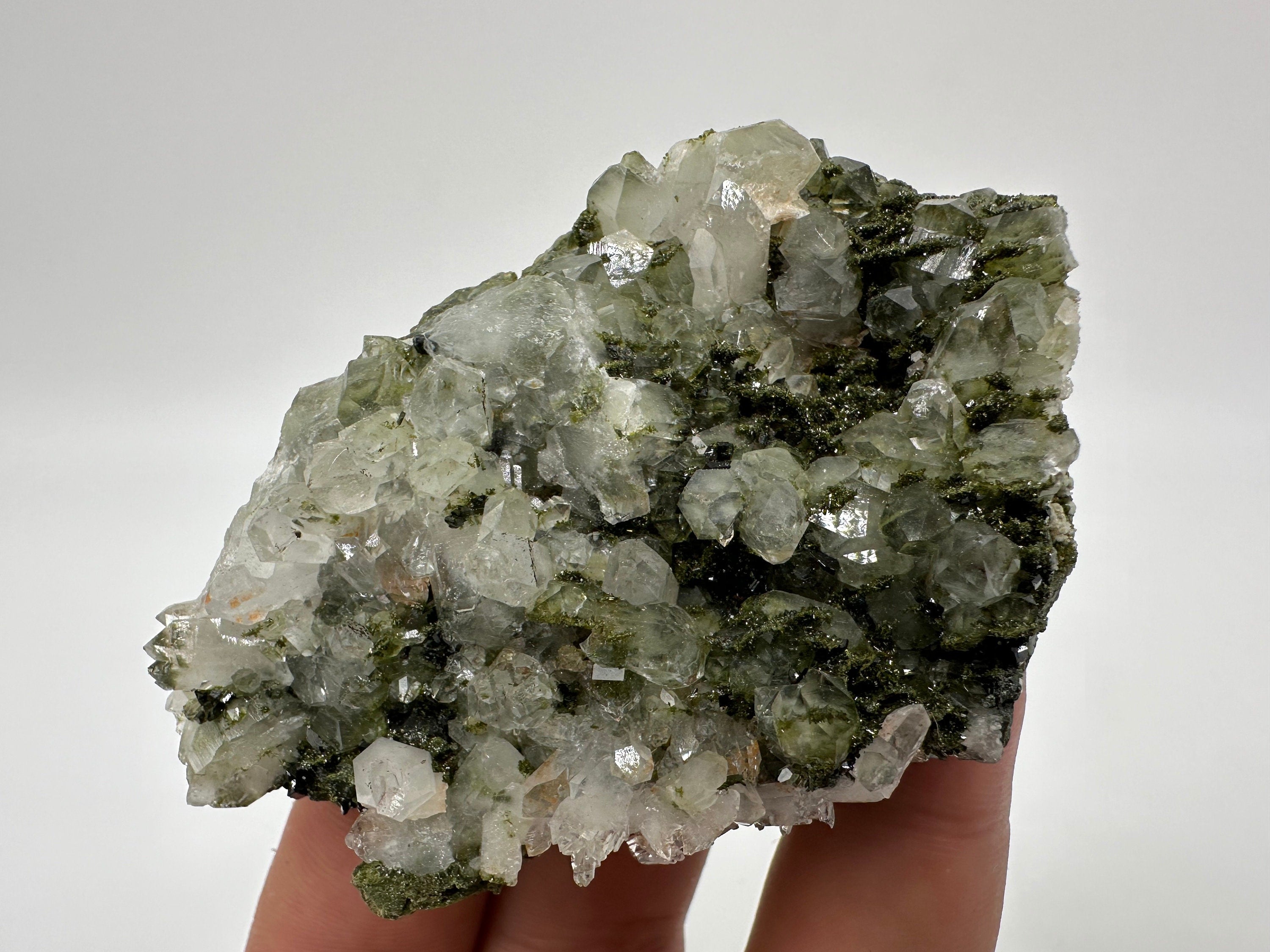 Rare Green Epidote with Quartz Crystals, Rainbow Sparkle, Turkey Mineral Specimen