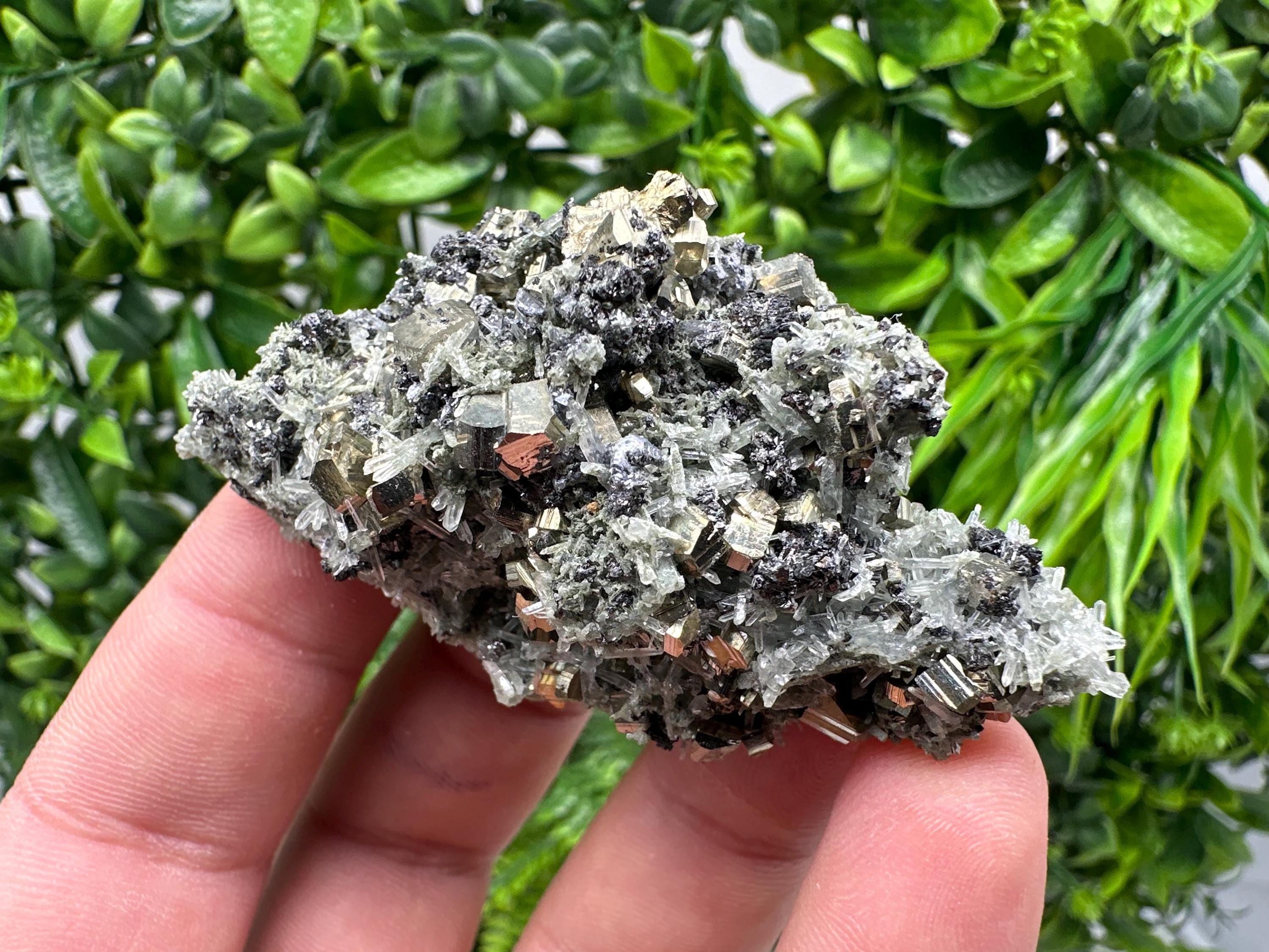 Pyrite on Green Quartz Mineral Specimen, Borieva Mine, Bulgaria