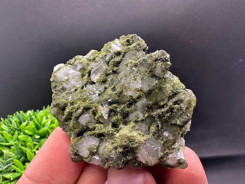 Rare Green Epidote with Quartz Crystals: Sparkly Rainbow Stone, Turkey