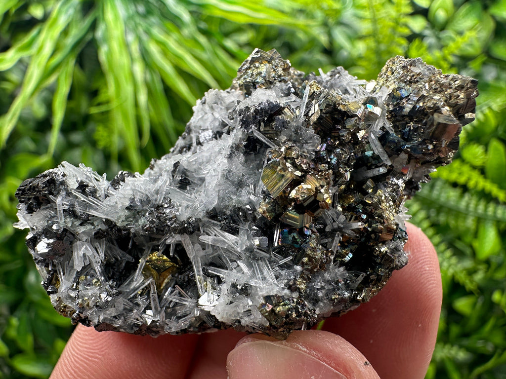 Rainbow Pyrite Sphalerite on Quartz: Natural Crystal Home Decor