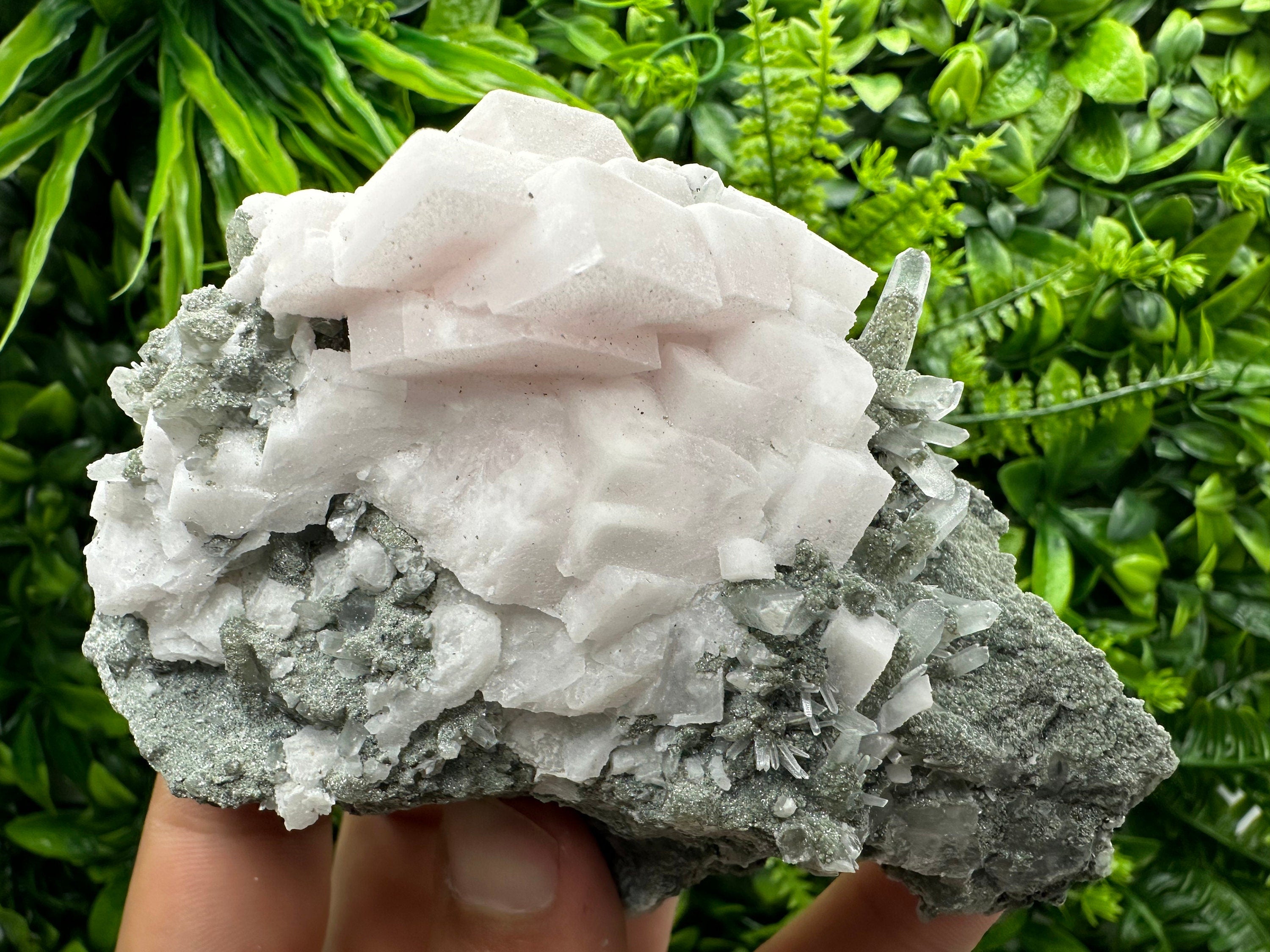 Mangano Calcite on Quartz with Chlorite, Borieva Mine Mineral Specimen