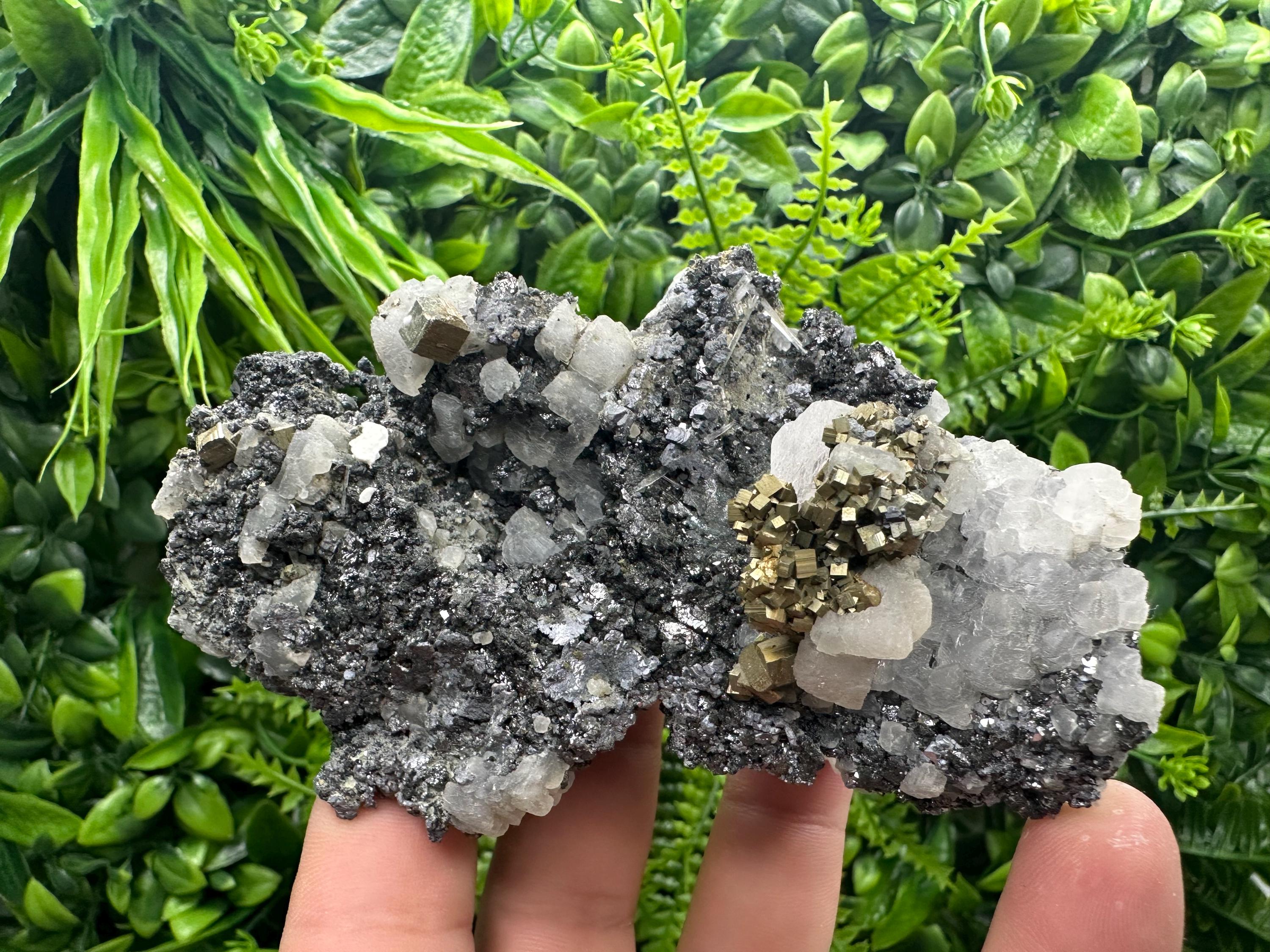 Calcite Quartz Pyrite on Sphalerite, Natural Mineral Specimen