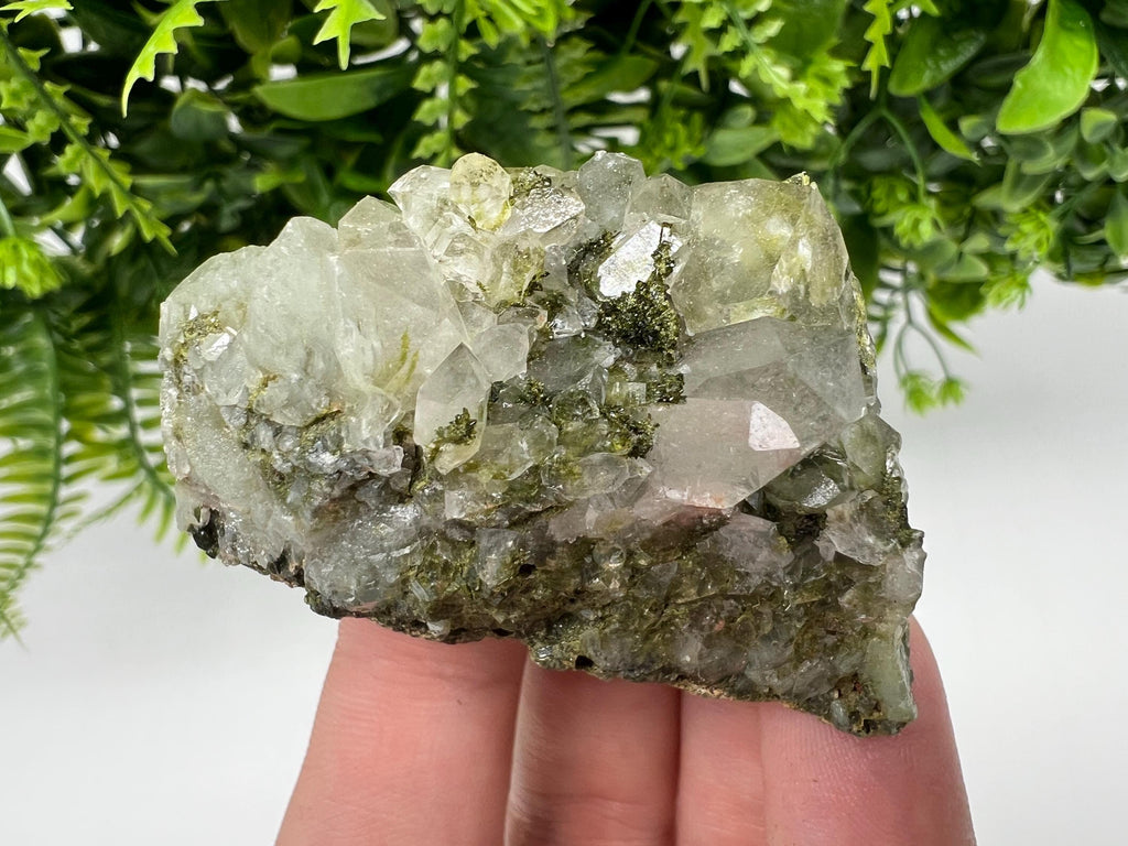 Rare Green Epidote with Quartz Crystals - Rainbow Sparkle Stone, Turkey