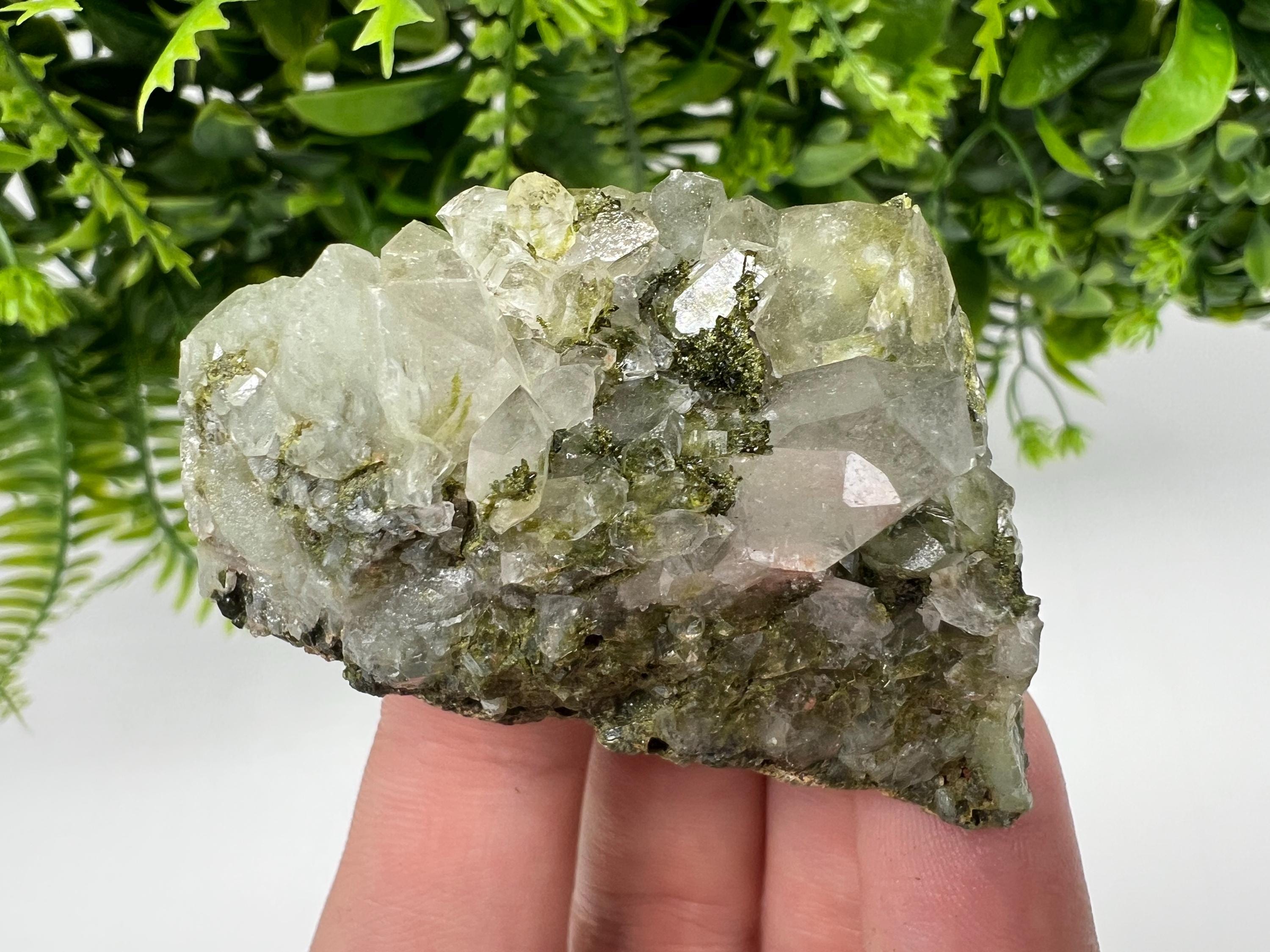 Rare Green Epidote with Quartz Crystals - Rainbow Sparkle Stone, Turkey