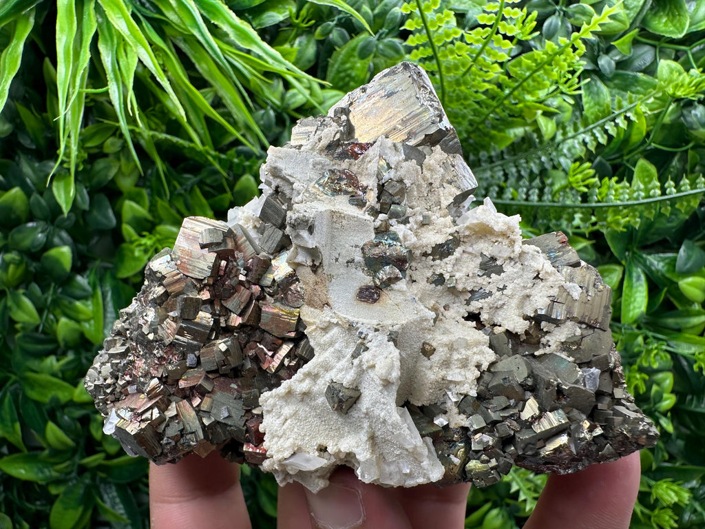Rainbow Pyrite Cluster with Calcite - Borieva Mine, Bulgaria