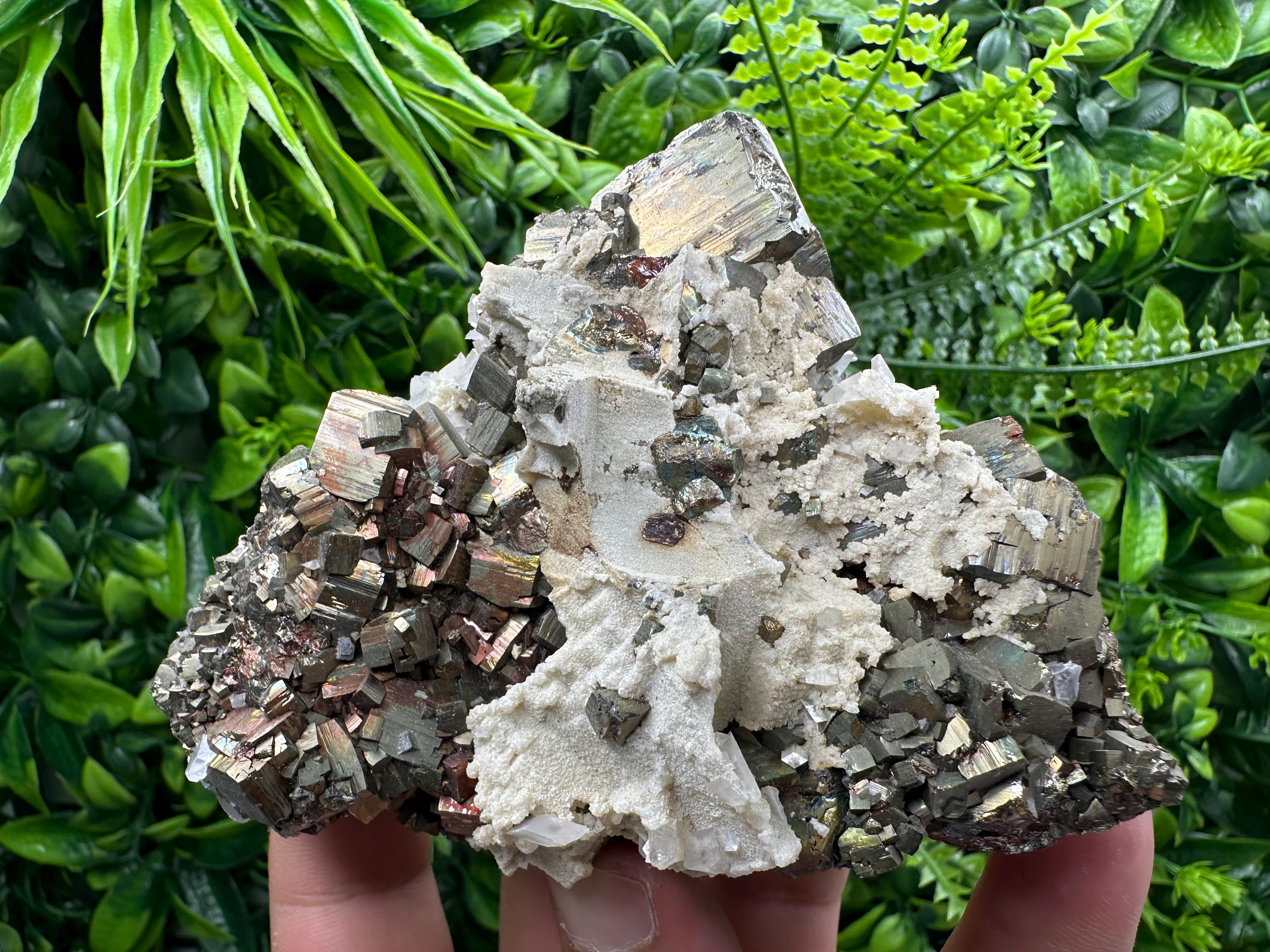 Rainbow Pyrite Cluster with Calcite - Borieva Mine, Bulgaria