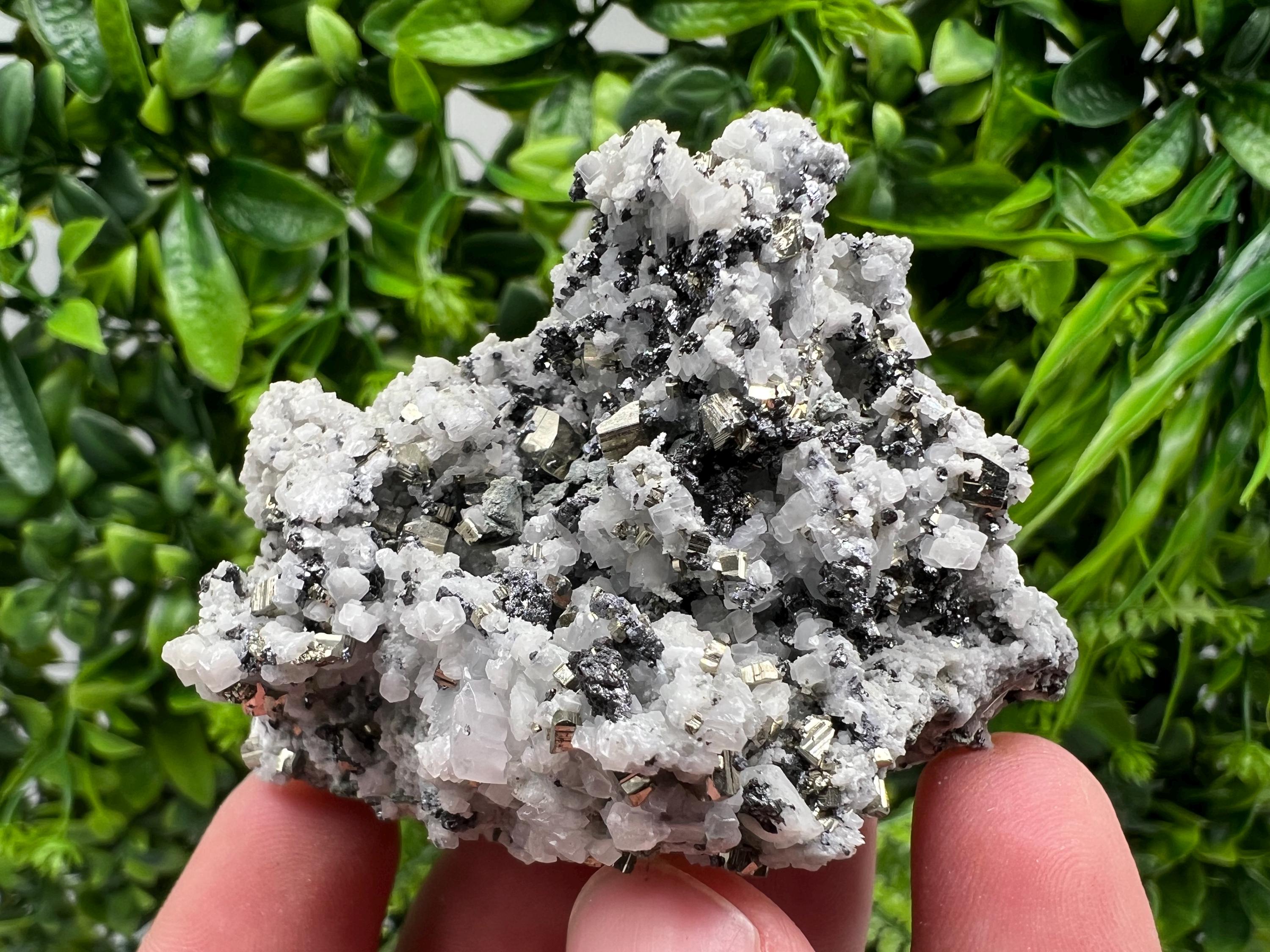 Pyrite on Quartz, Calcite Mineral Specimen, Borieva Mine, Bulgaria