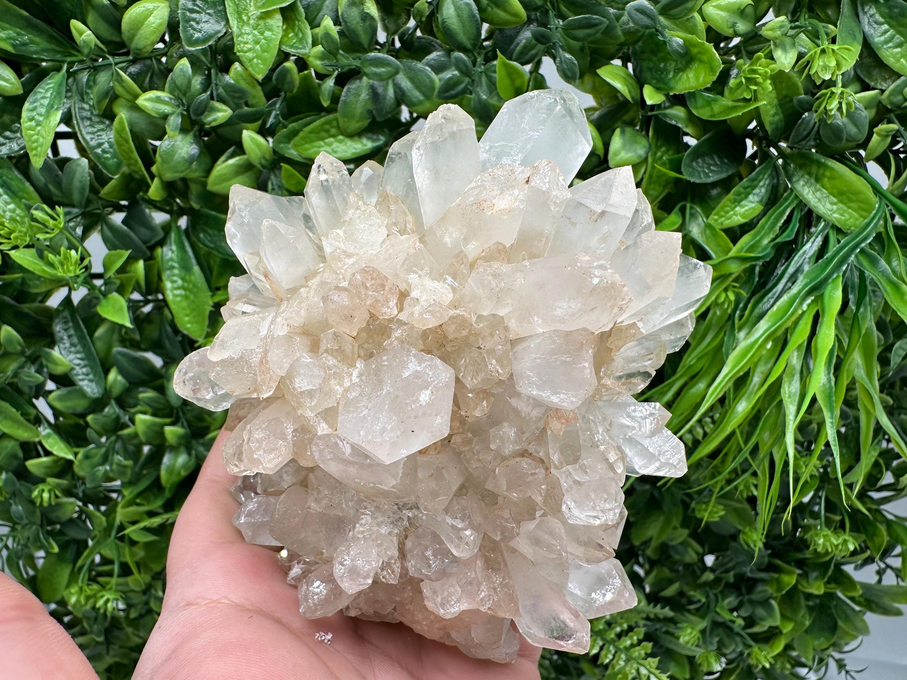 Large Green Epidote with Quartz Crystals: Sparkly Rainbow Stone Decor