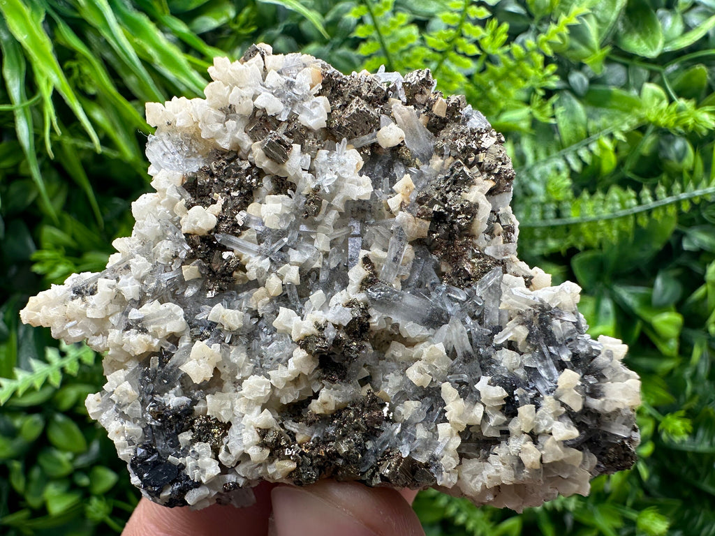 Pyrite, Calcite, Sphalerite on Quartz, Borieva Mine, Bulgaria