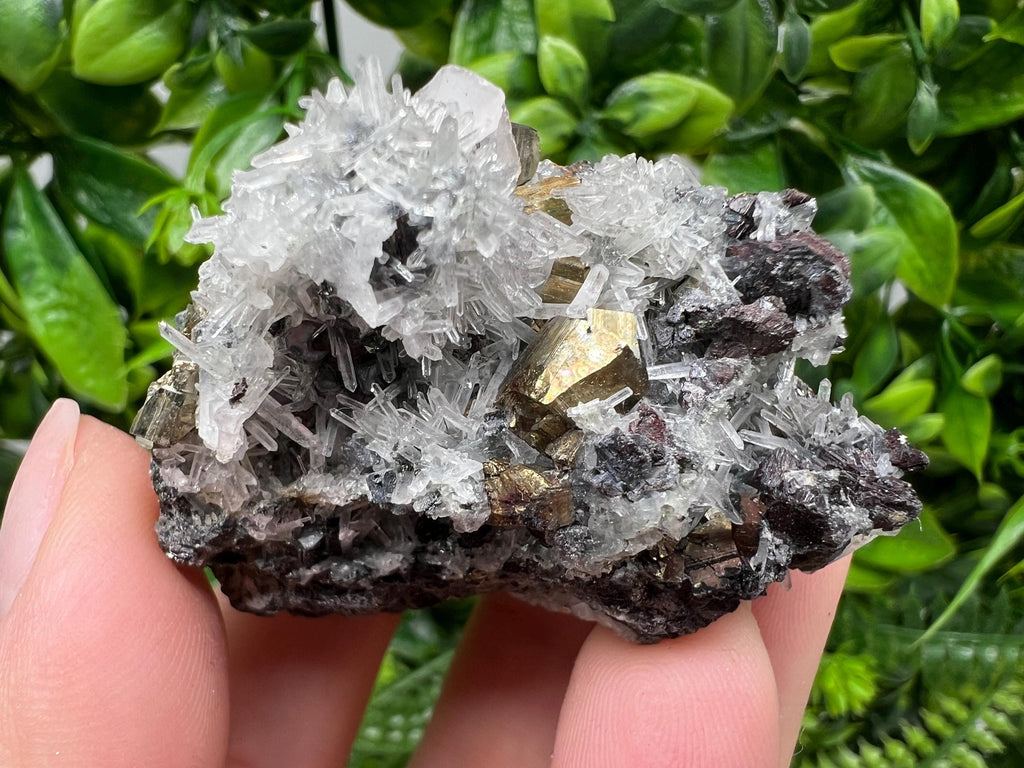 Pyrite on Quartz and Calcite Mineral Specimen, Borieva Mine Bulgaria