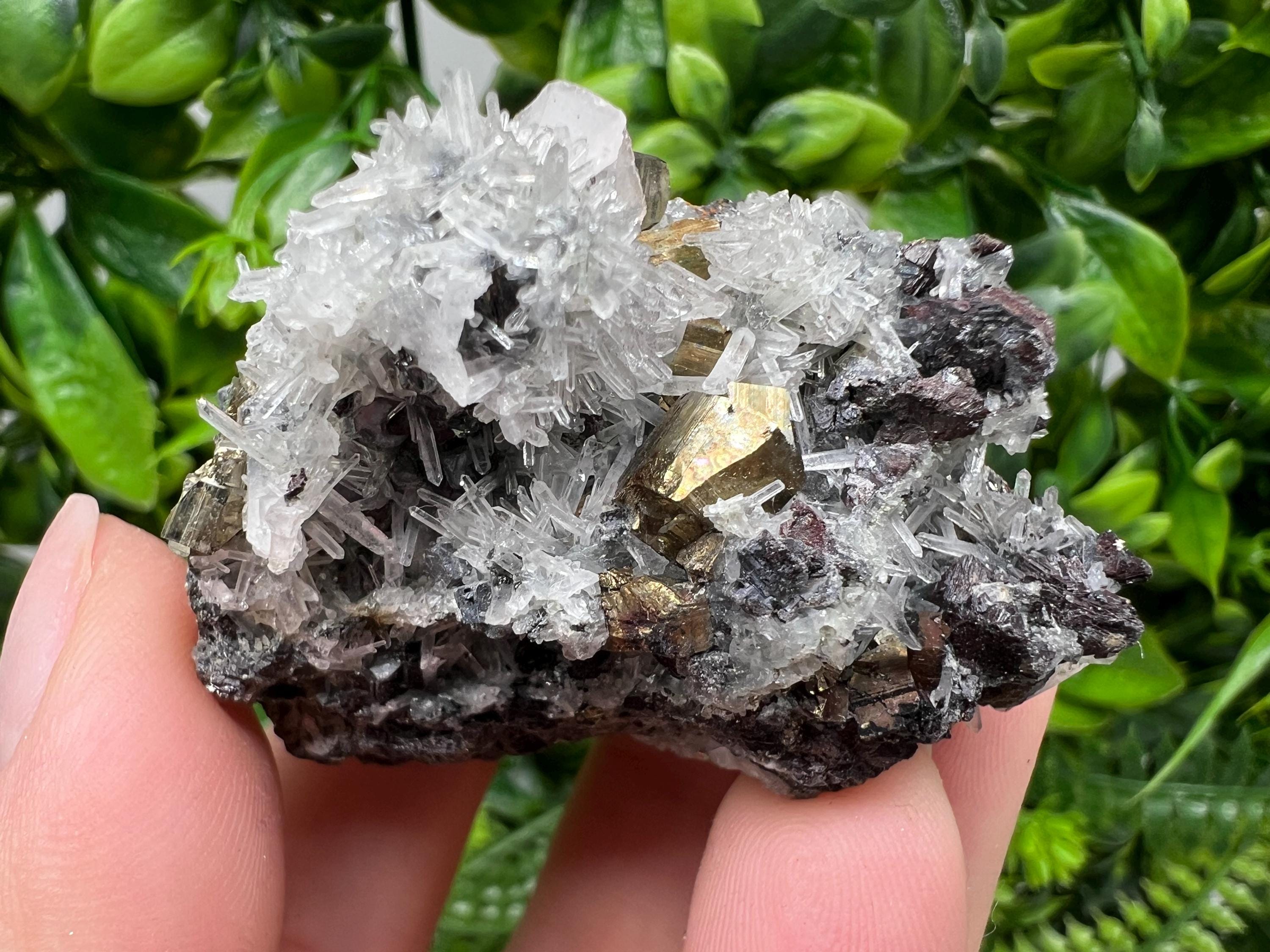 Pyrite on Quartz and Calcite Mineral Specimen, Borieva Mine Bulgaria