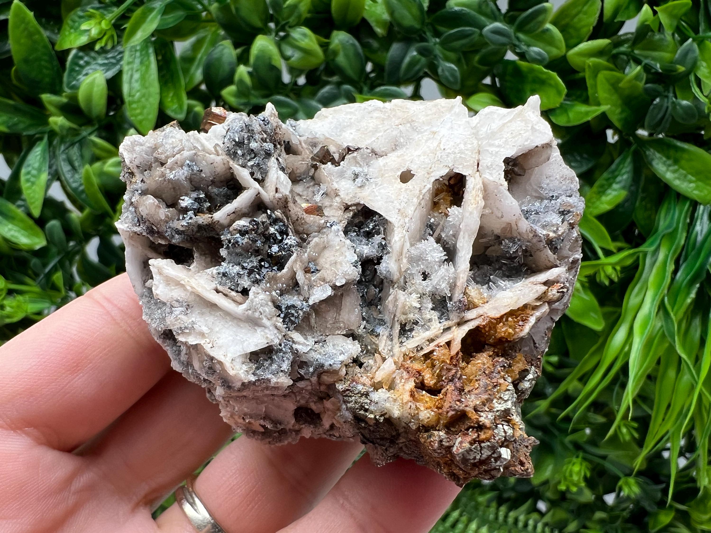 Pyrite on Calcite Mineral Specimen: Madan Bulgaria, Iron Oxide Home Decor Stone