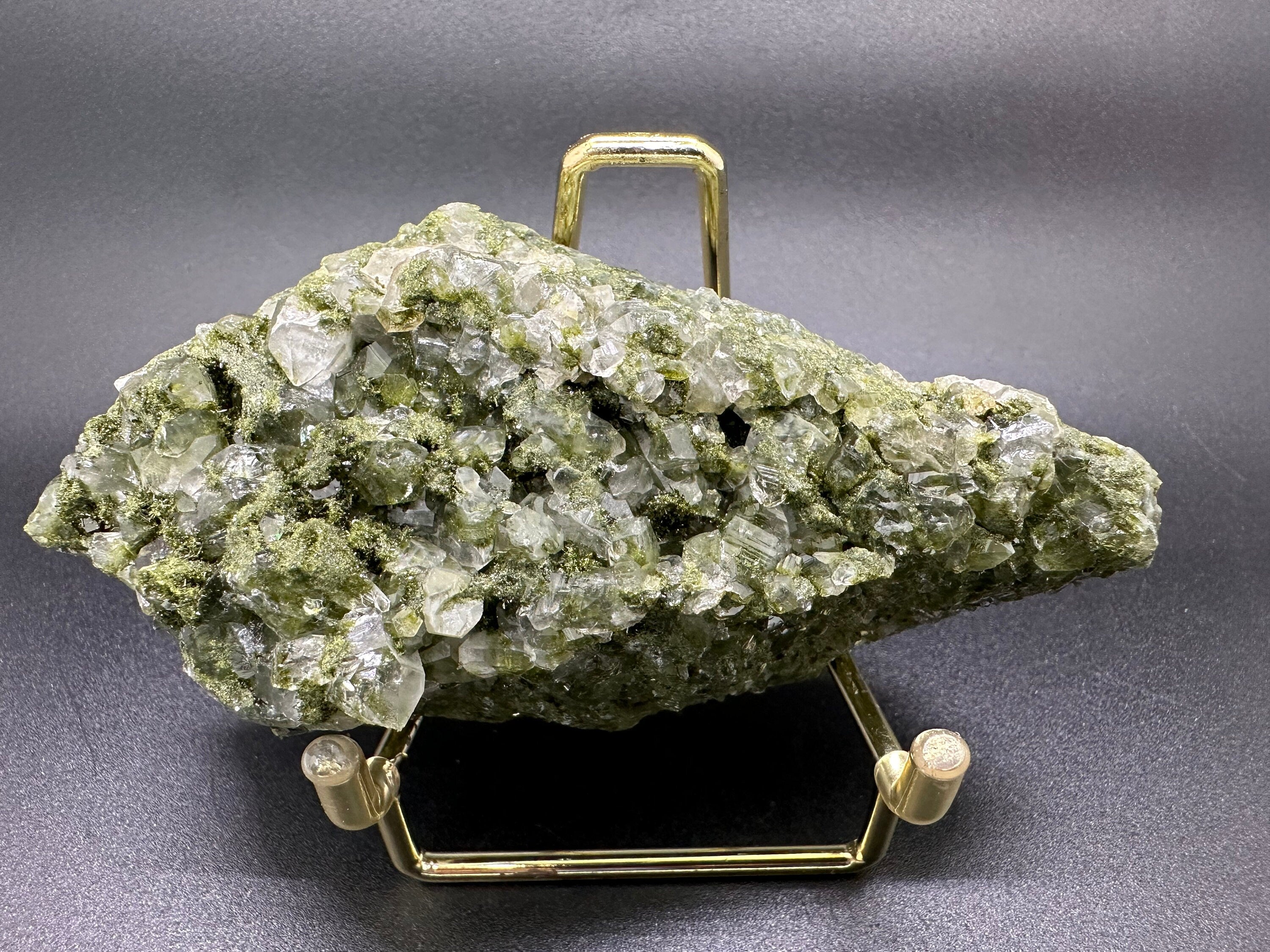 Rare Green Epidote with Quartz Crystals: Sparkly Rainbow Mineral Decor