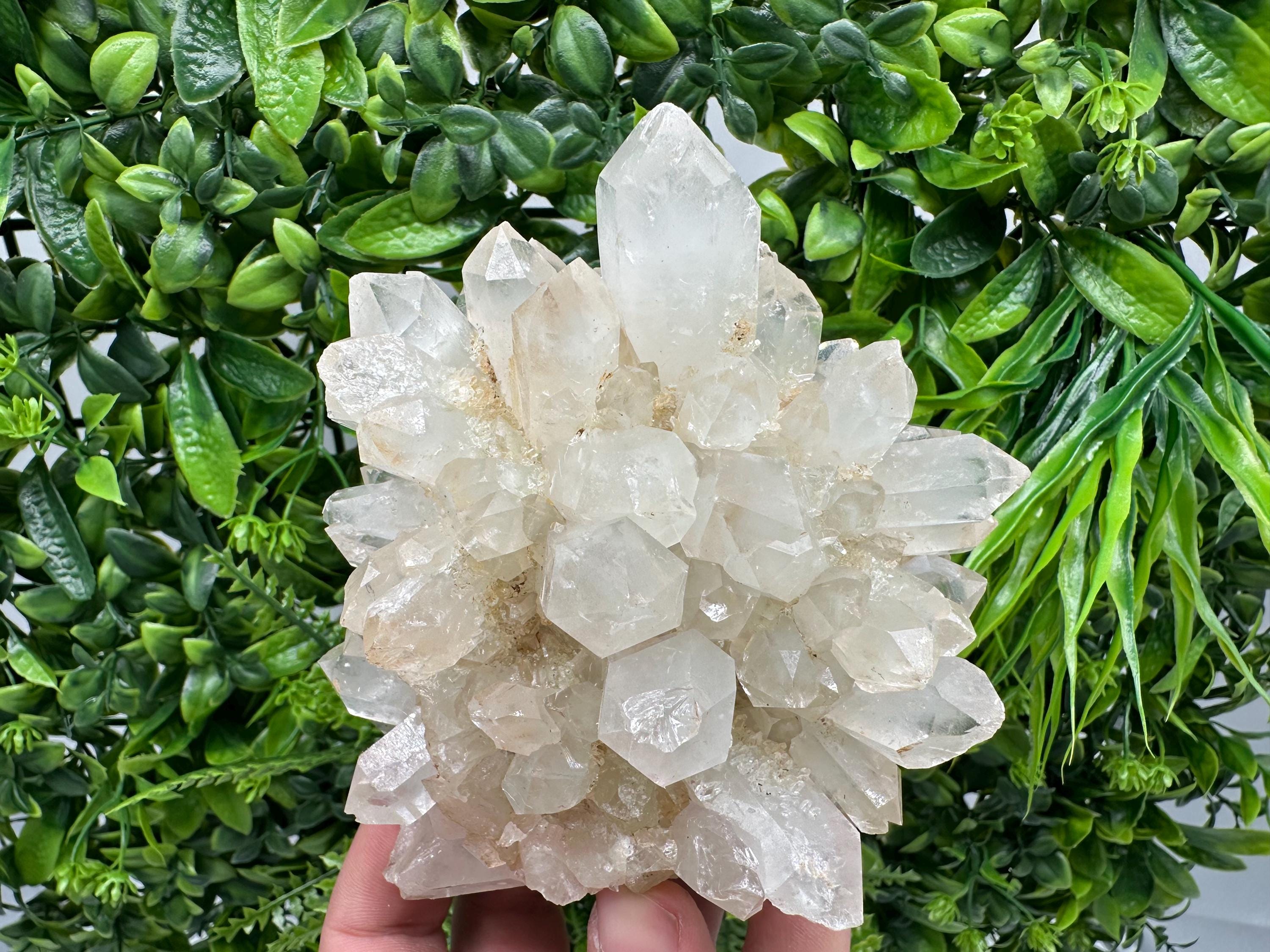 Large Green Epidote with Quartz Crystals: Sparkly Rainbow Stone Decor