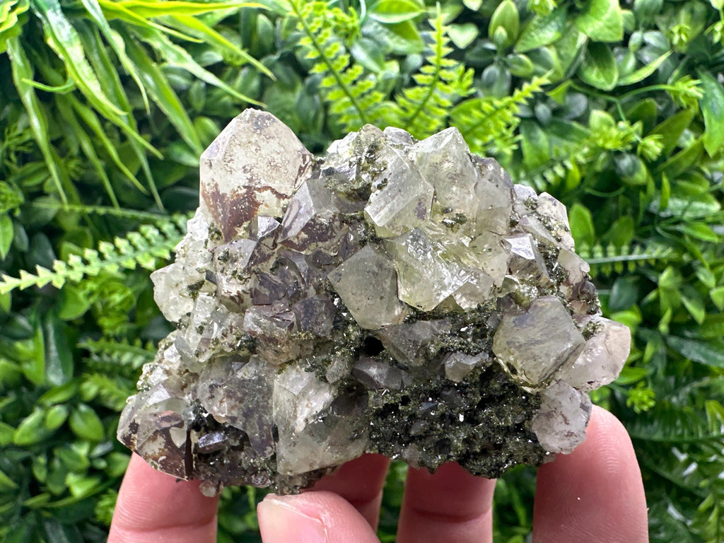 Rare Green Epidote with Quartz Crystals: Sparkly Rainbow Mineral Decor