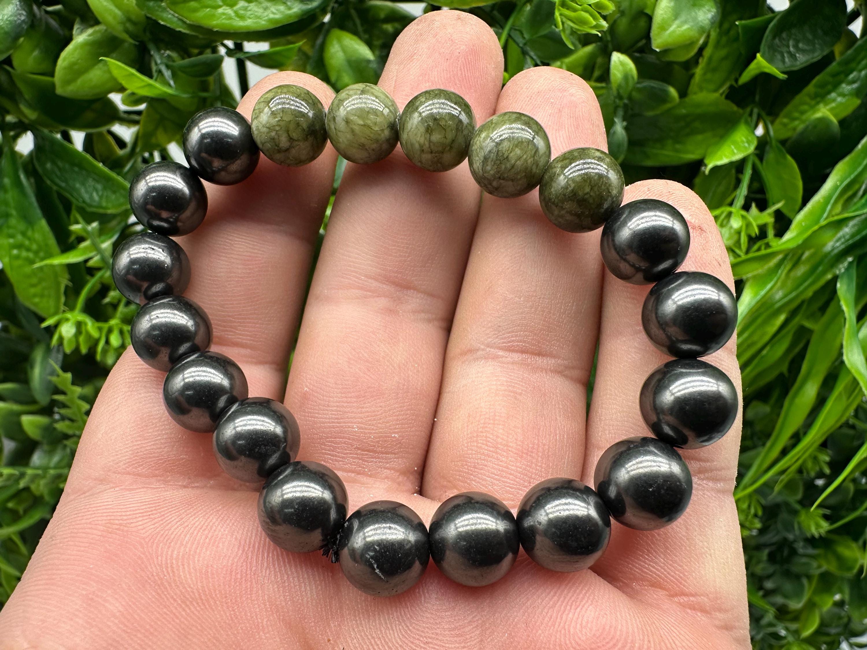 Shungite Jade Bracelet: 10mm Gemstone Beaded Bracelet, EMF Protection