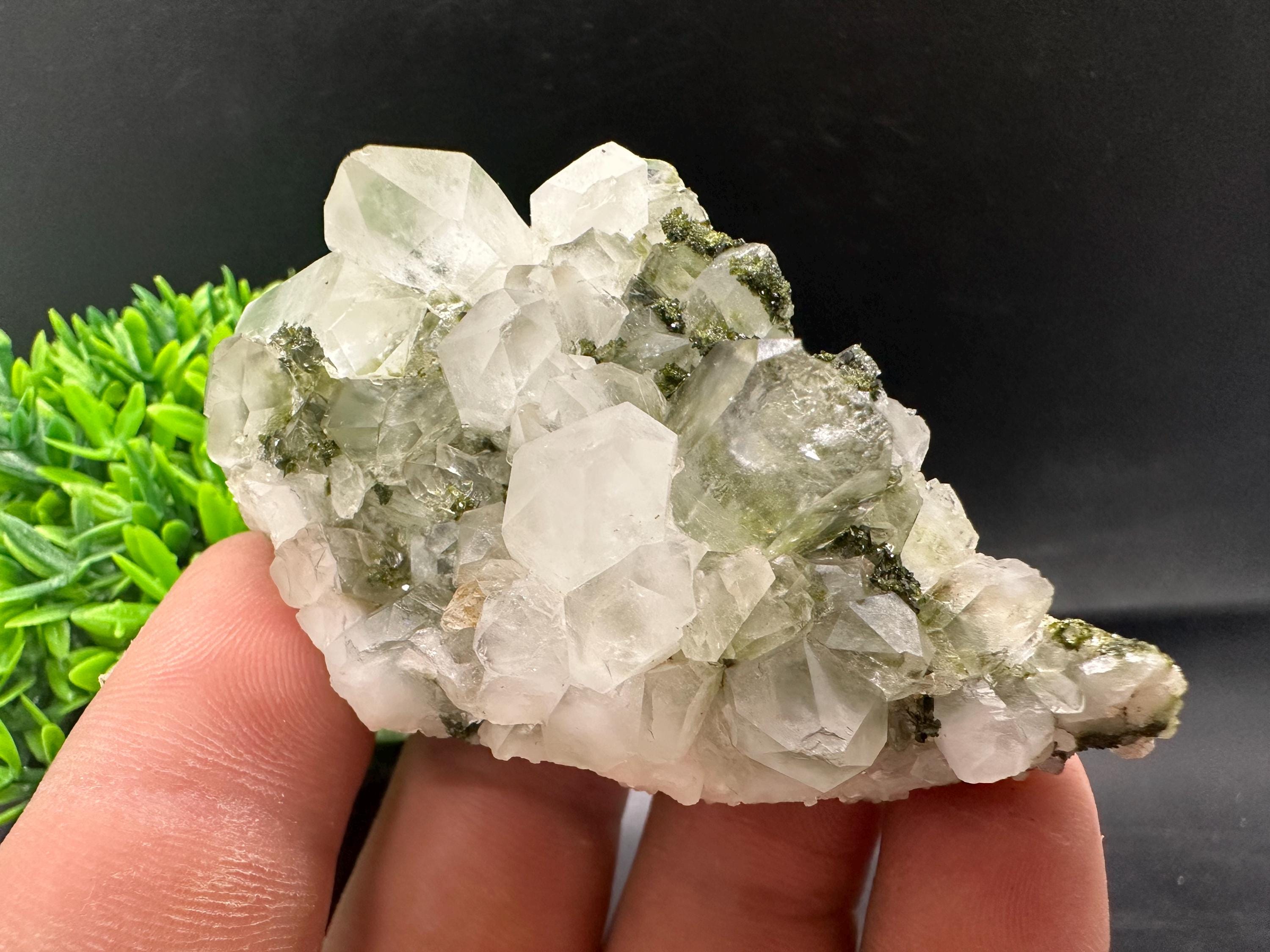 Rare Green Epidote with Quartz Crystals: Sparkly Rainbow Stone Decor