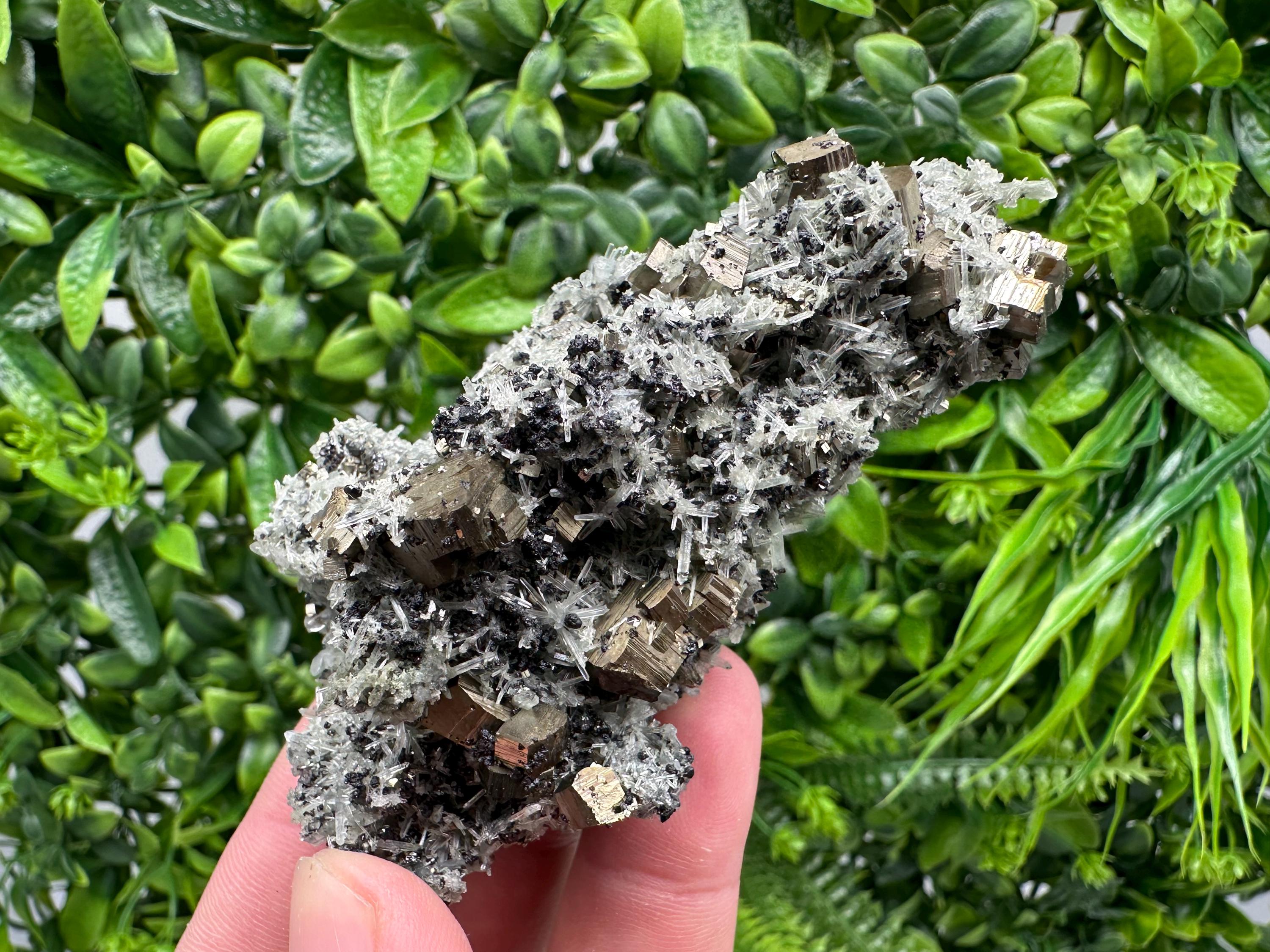 Pyrite on Needle Quartz Mineral Specimen, Borieva Mine, Bulgaria