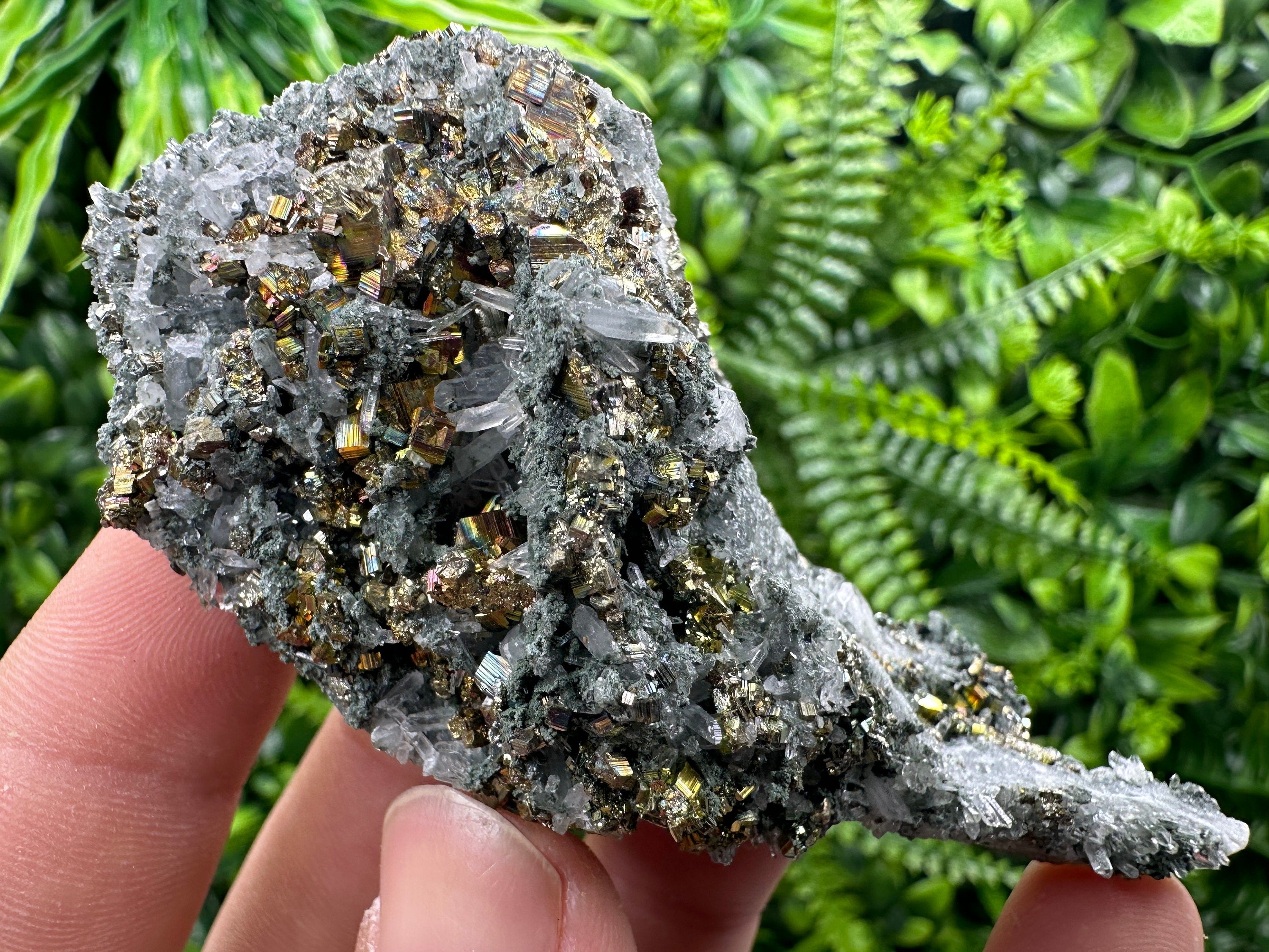 Red Pyrite on Green Quartz with Sphalerite, Borieva Mine Mineral Specimen
