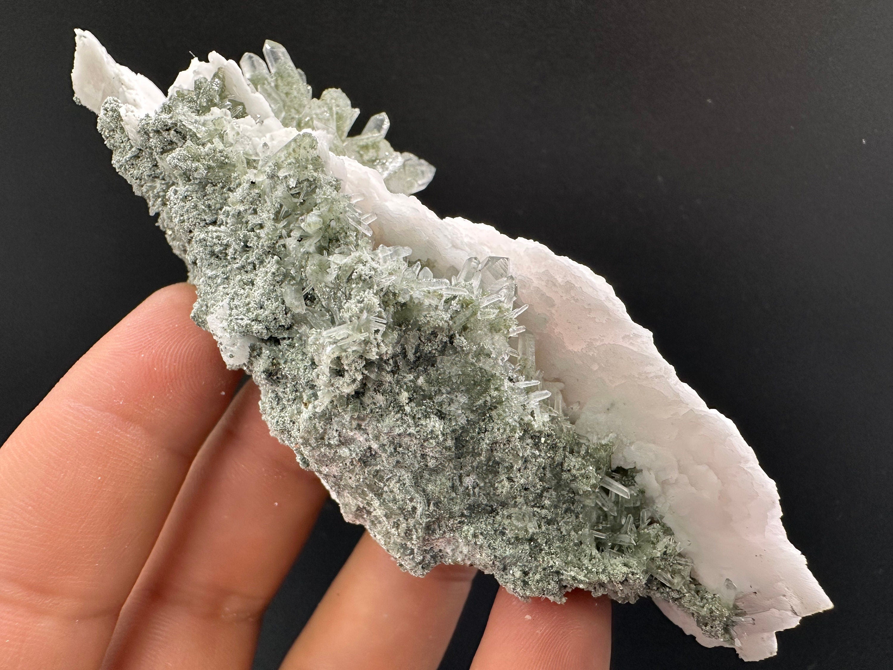 Calcite on Green Quartz: Borieva Mine Crystal Decor