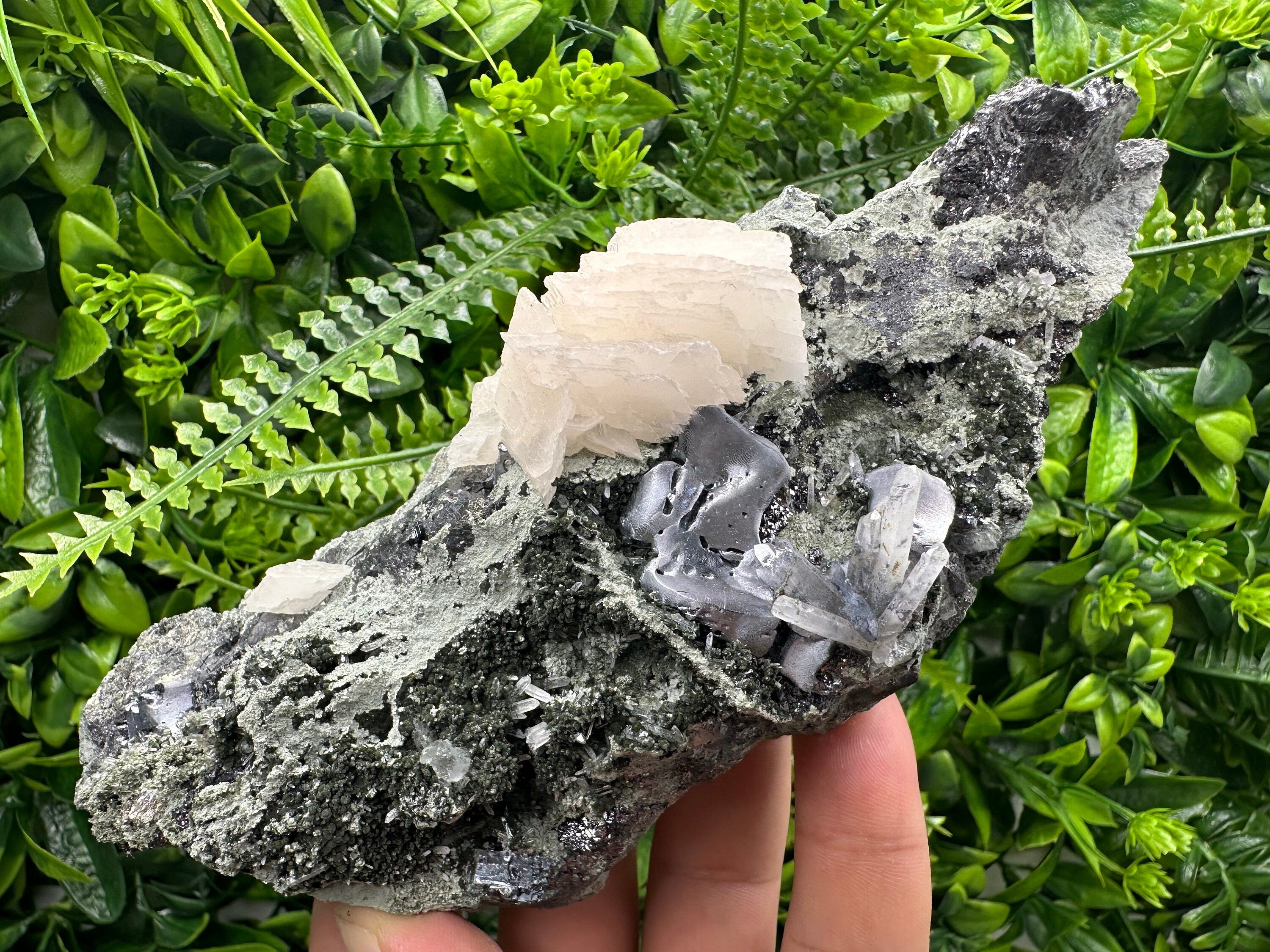 Galena Calcite on Quartz Cluster, Borieva Mine Mineral Specimen