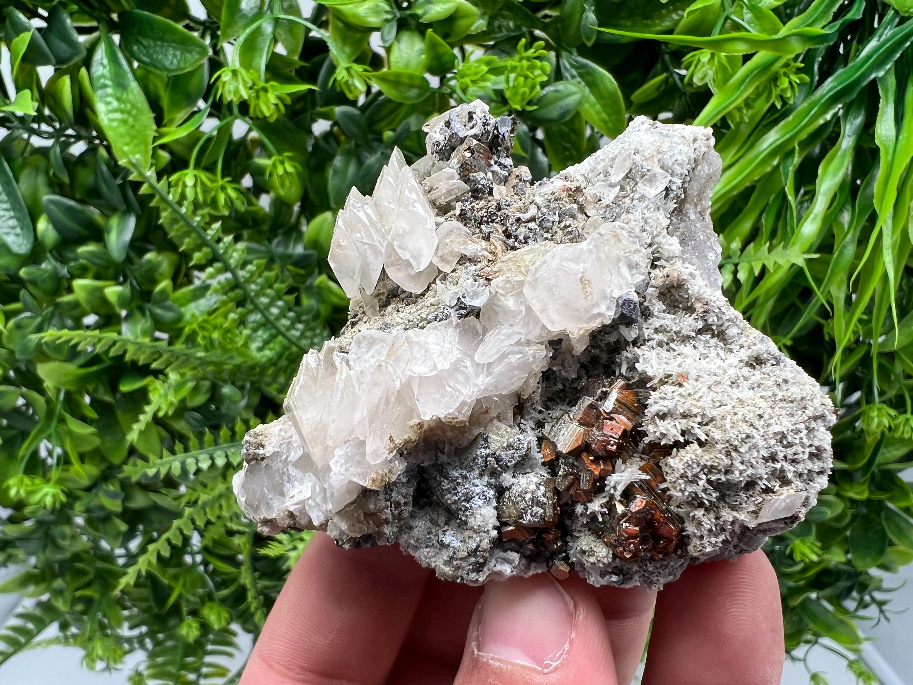 Wonderful Red Pyrite,Calcite on Quartz from Borieva mine,Madan,Bulgaria,natural,collectible mineral specimen,home decor stone,gift minerals
