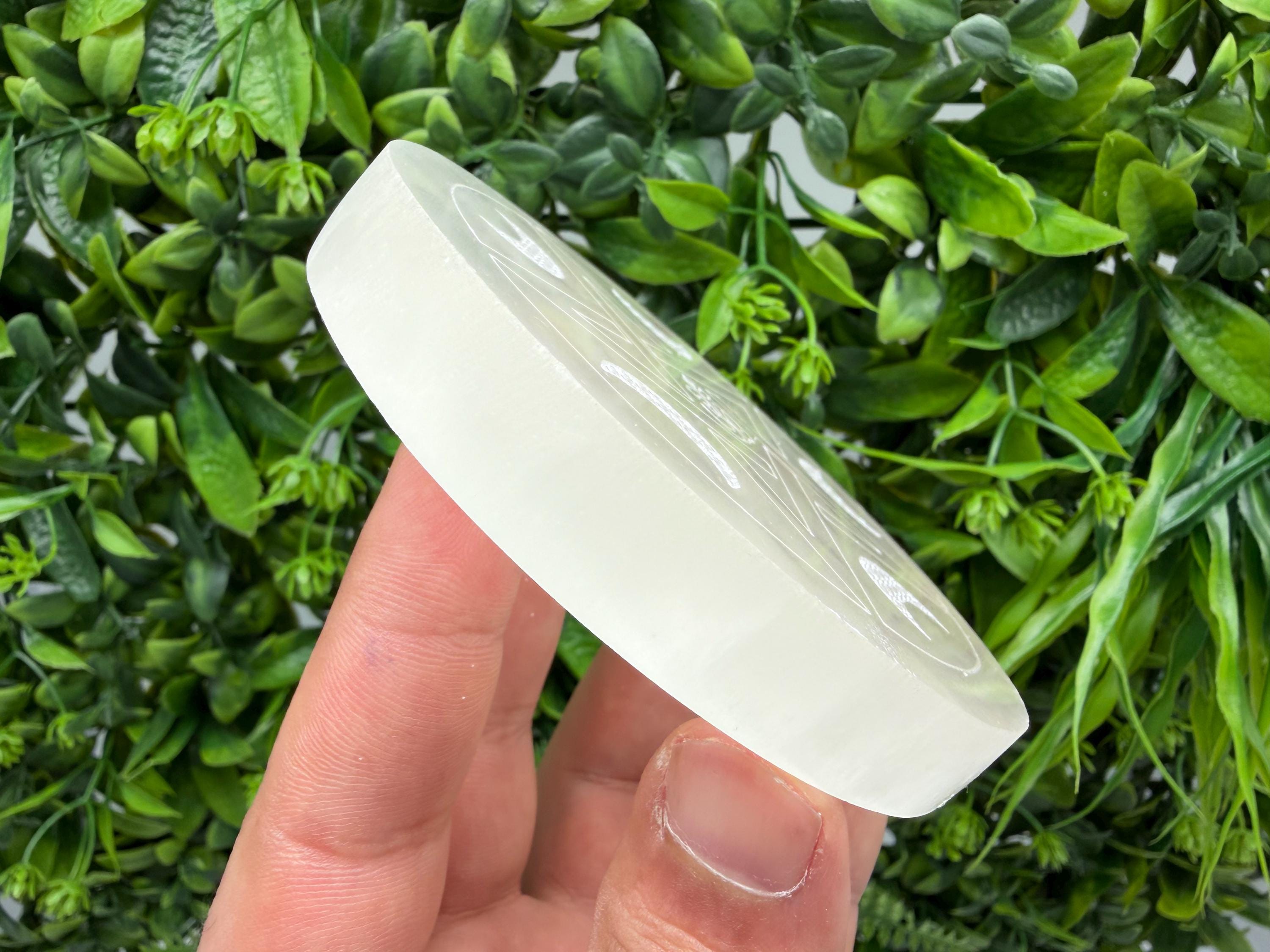 Selenite Charging Plate with Moon and Om Symbol – Crystal Energy Cleansing Disk