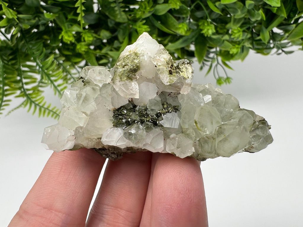 Rare Green Epidote with Quartz Crystals - Sparkly Rainbow Mineral Decor